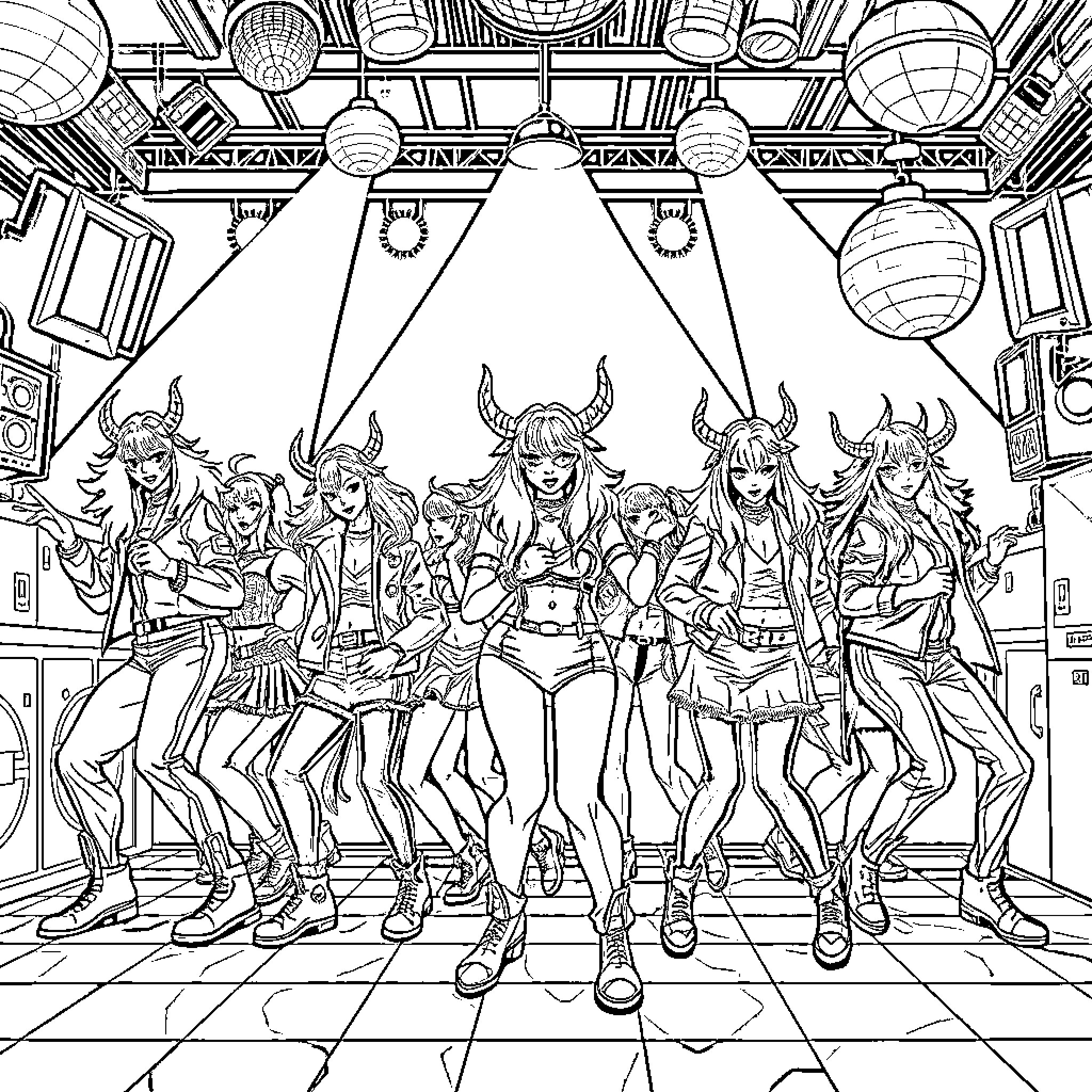 Demon Hunter Troupe Celebrates on Stage Coloring Page (free black-and-white line drawing printable PDF for all, from beginners to advanced learners, including children, teens, adults, and seniors)