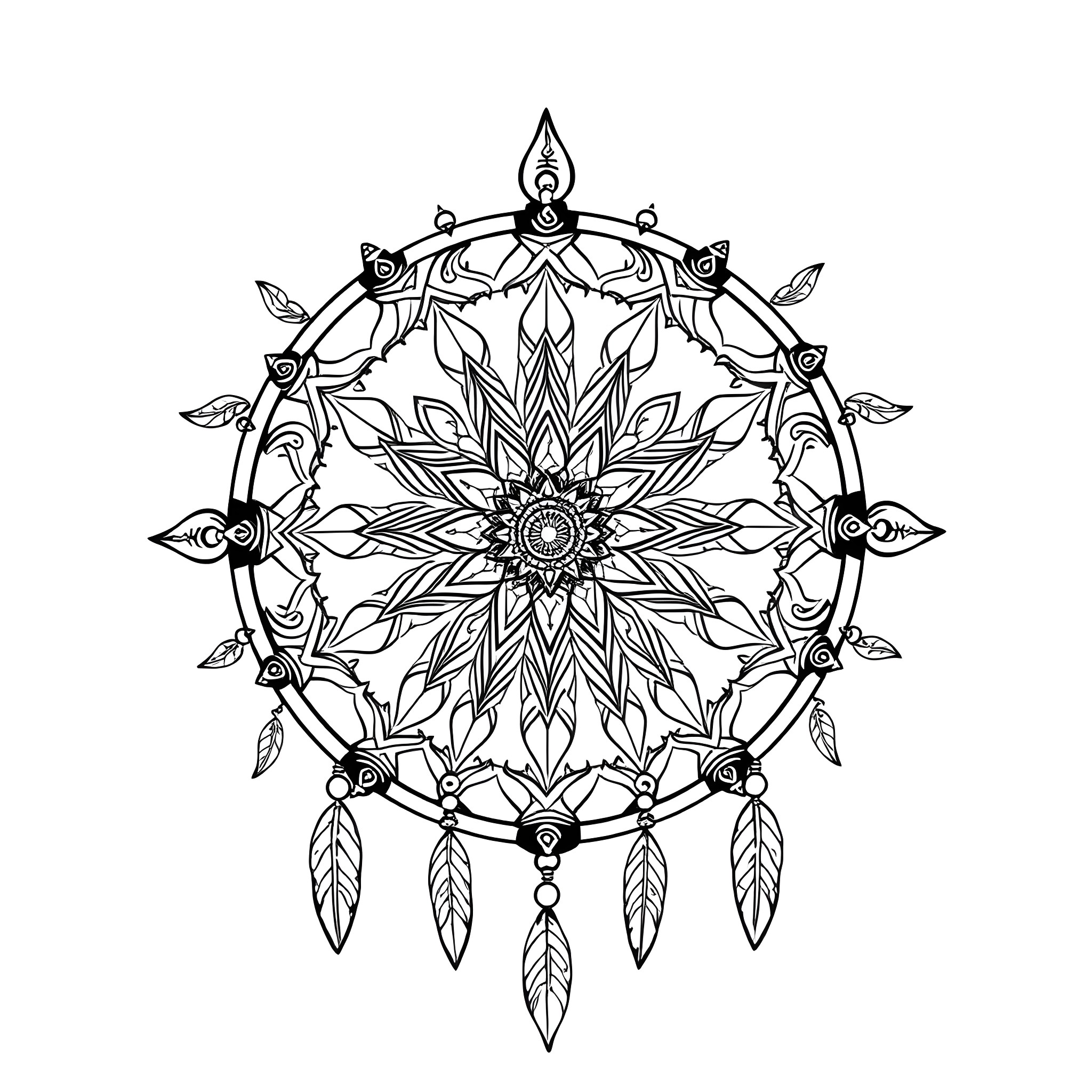 Dreamcatcher with intricate floral patterns Coloring Page (free black-and-white line drawing printable PDF for all, from beginners to advanced learners, including children, teens, adults, and seniors)