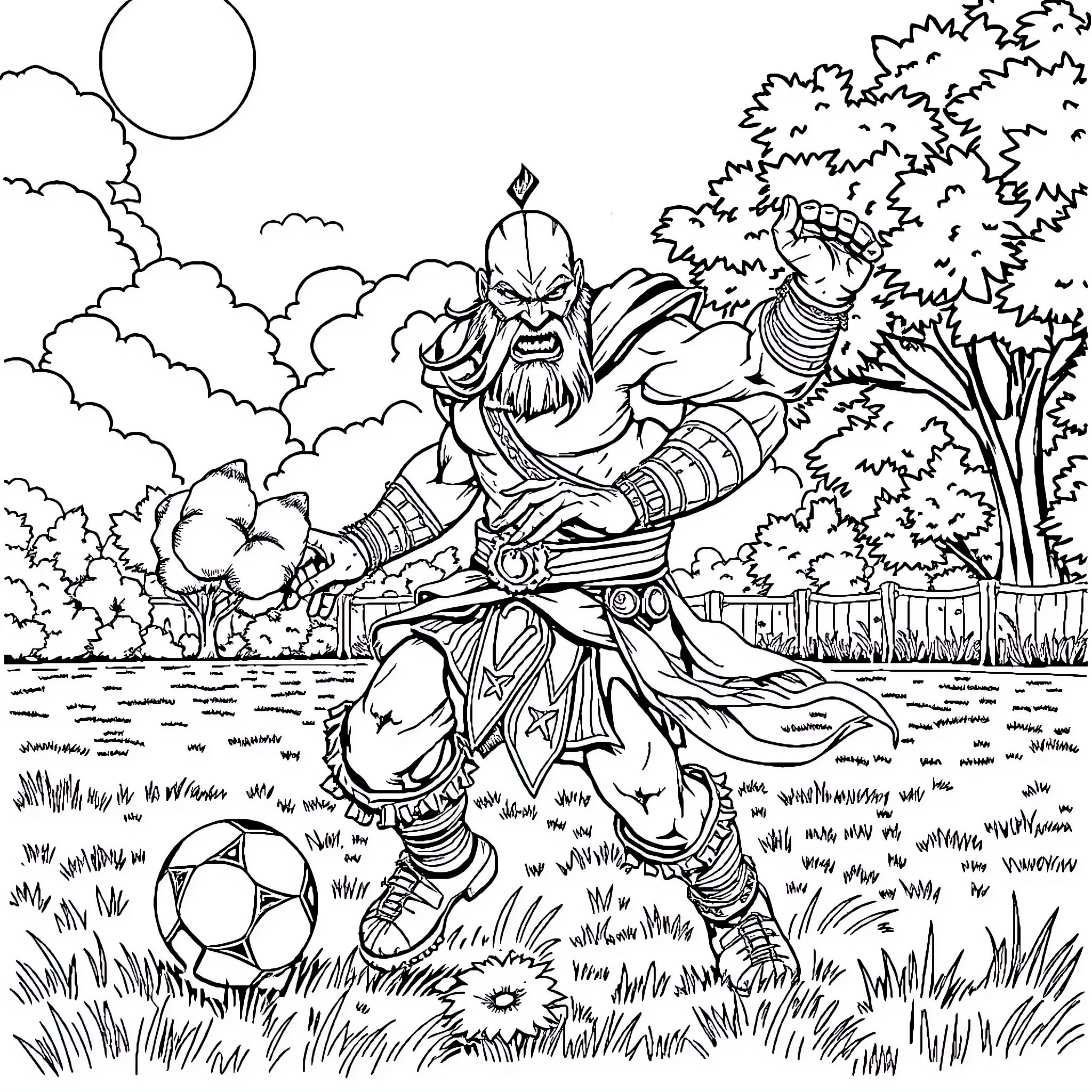Kratos in Fierce Battle Amid Nature's Splendor Coloring Page (free black-and-white line drawing printable PDF for all, from beginners to advanced learners, including children, teens, adults, and seniors)
