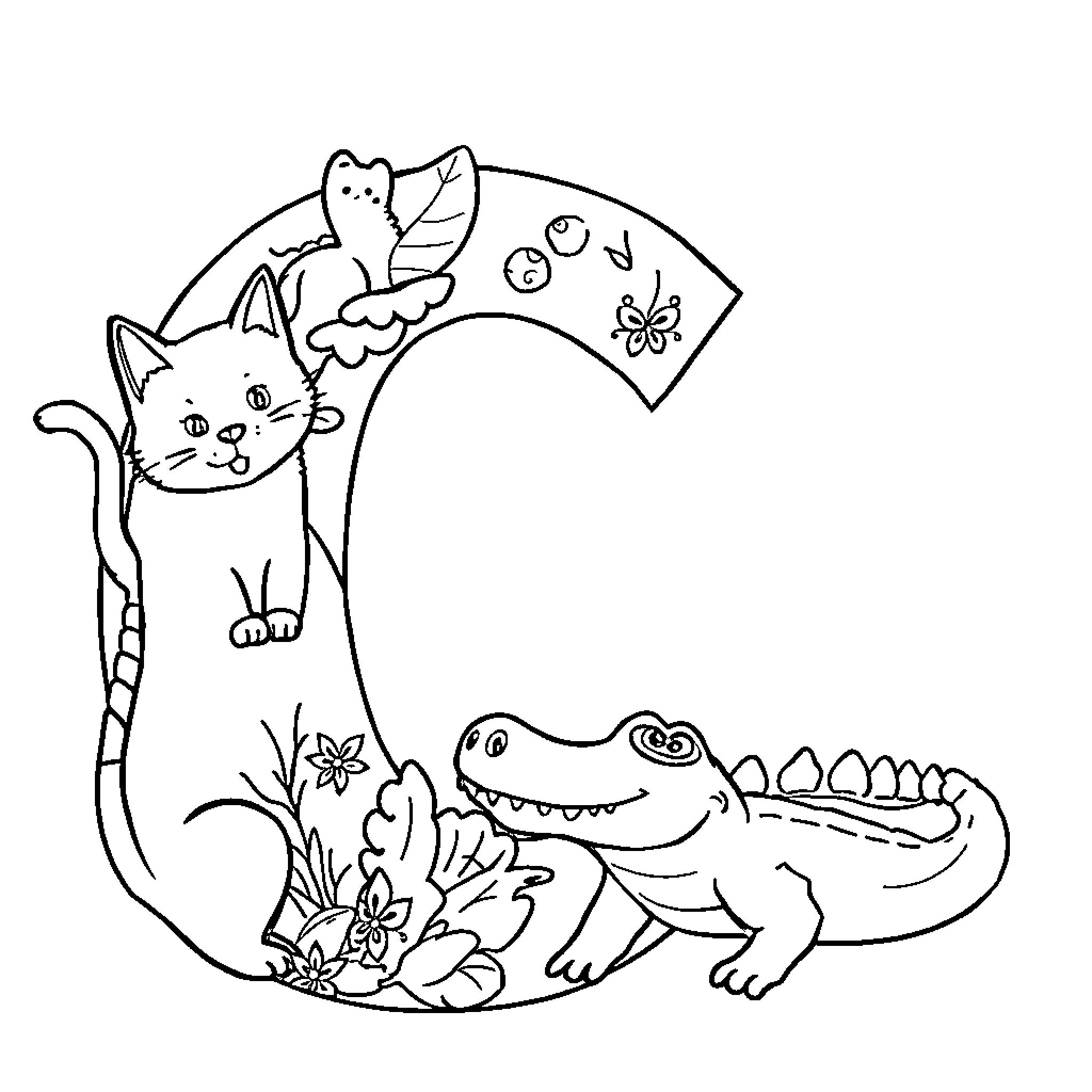 Letter C with Playful Animals and Flowers Coloring Page (free black-and-white line drawing printable PDF for all, from beginners to advanced learners, including children, teens, adults, and seniors)