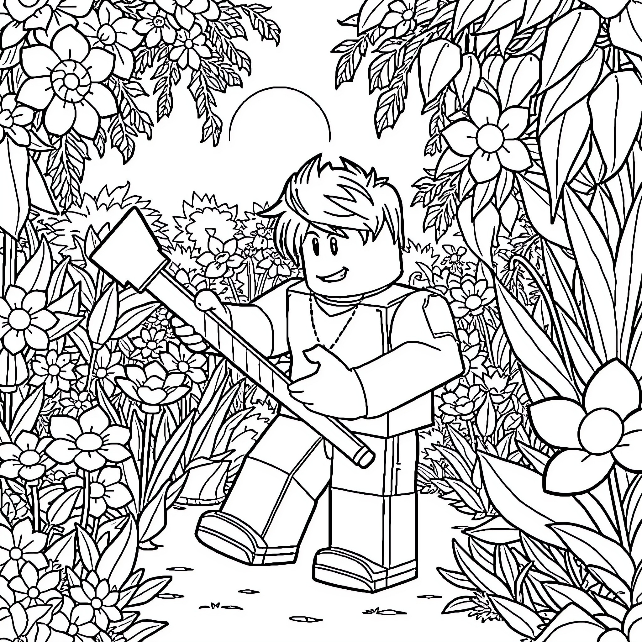 Roblox Character exploring a floral garden Coloring Page (free black-and-white line drawing printable PDF for all, from beginners to advanced learners, including children, teens, adults, and seniors)