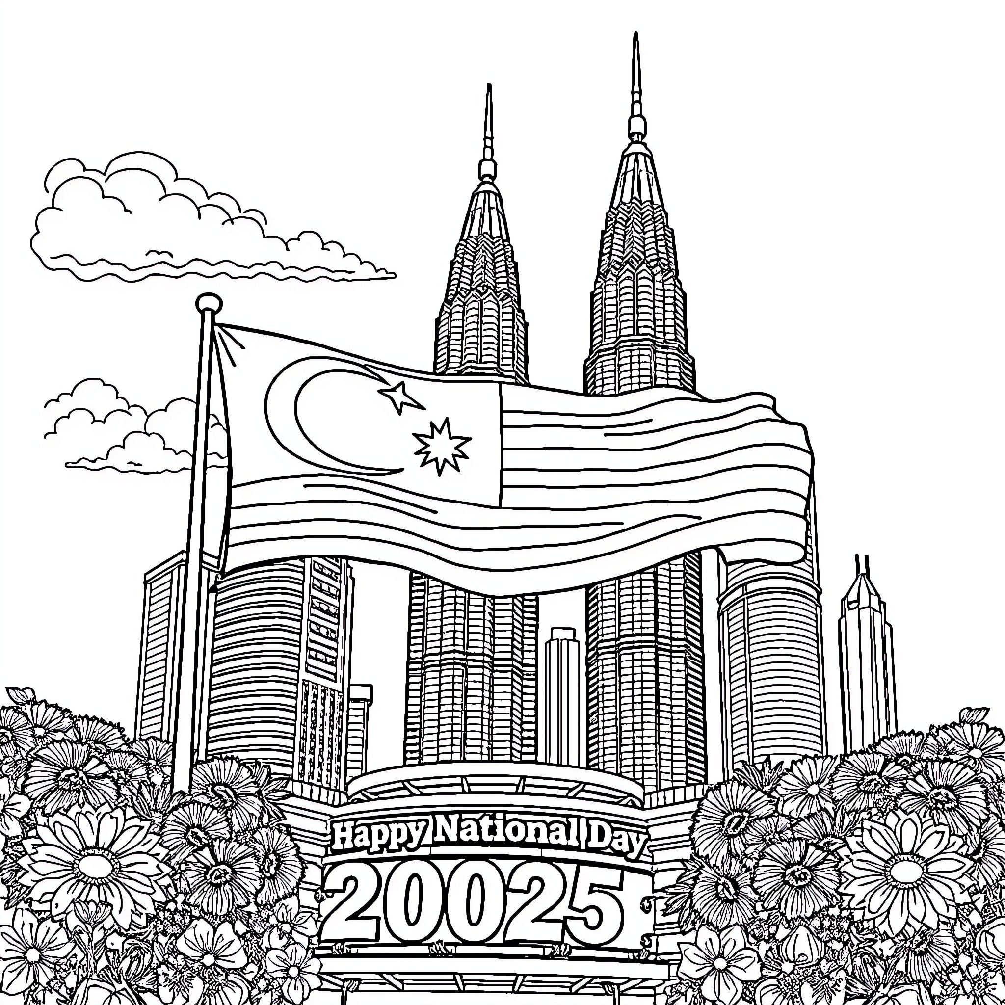 Malaysia's Iconic Landmarks and National Day Celebration Coloring Page (free black-and-white line drawing printable PDF for all, from beginners to advanced learners, including children, teens, adults, and seniors)