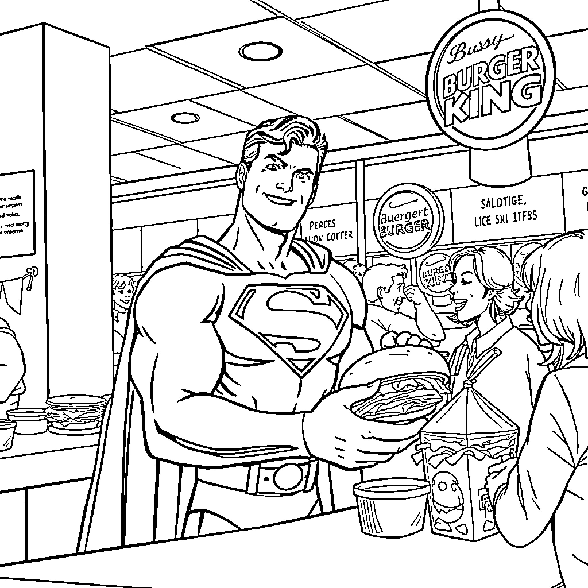 Superman Enjoys a Tasty Burger at Busy Burger King Coloring Page (free black-and-white line drawing printable PDF for all, from beginners to advanced learners, including children, teens, adults, and seniors)
