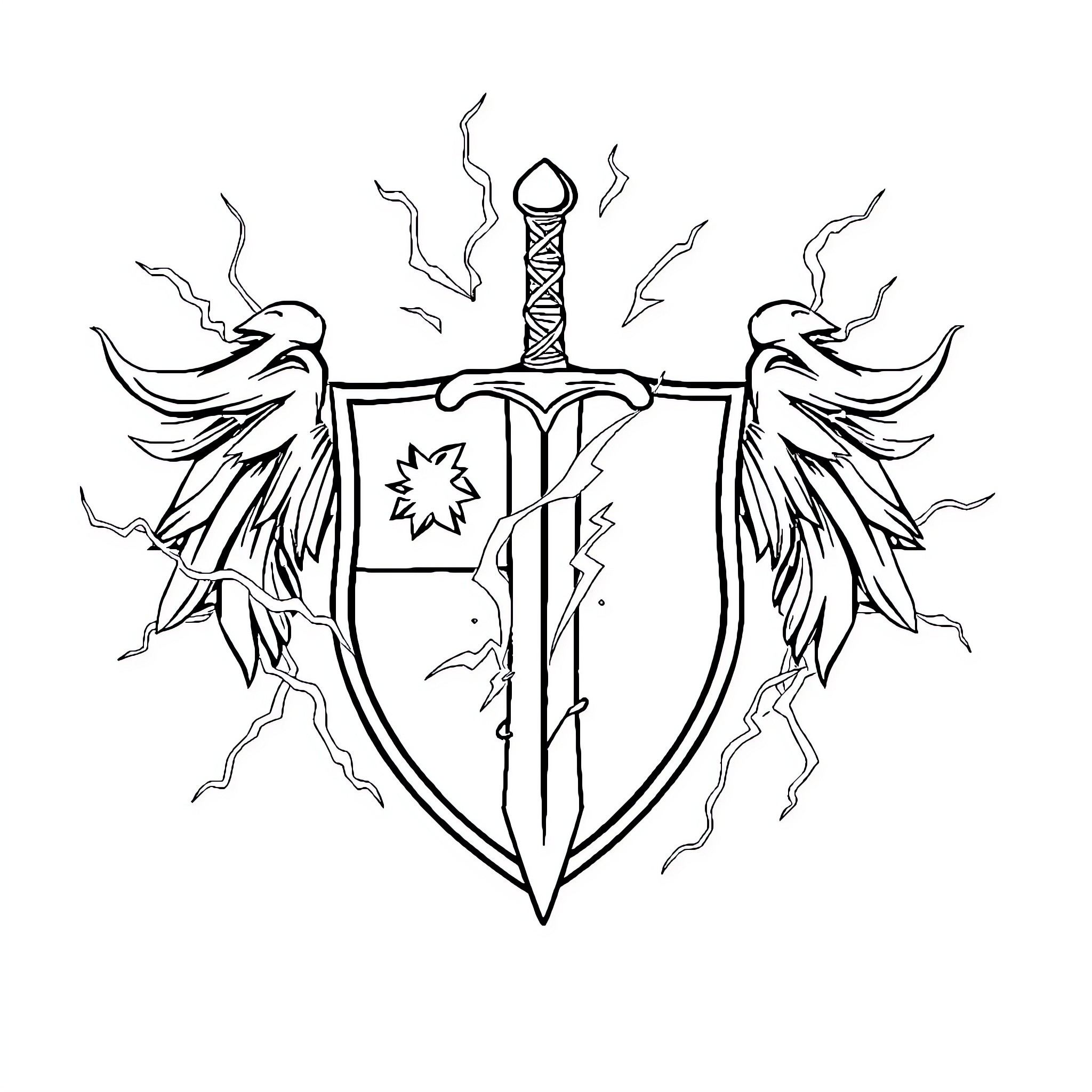 Crest of Mythical Winged Creatures Guarding a Sword Coloring Page (free black-and-white line drawing printable PDF for all, from beginners to advanced learners, including children, teens, adults, and seniors)