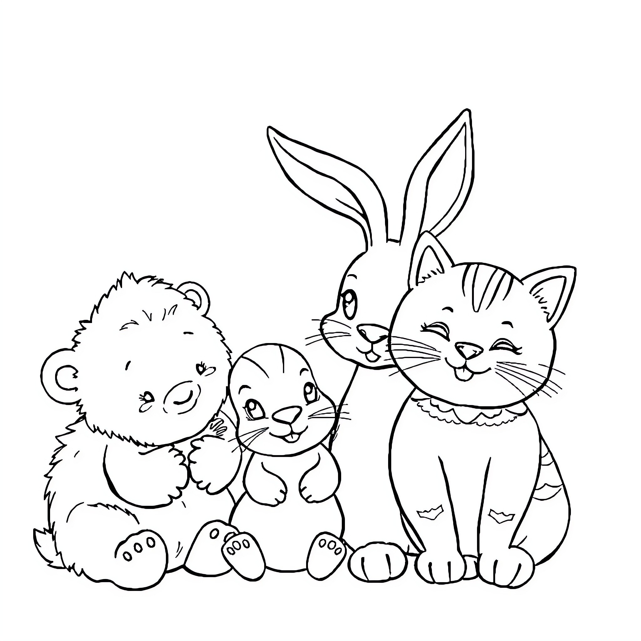 Animal friends cuddling together Coloring Page (free black-and-white line drawing printable PDF for all, from beginners to advanced learners, including children, teens, adults, and seniors)