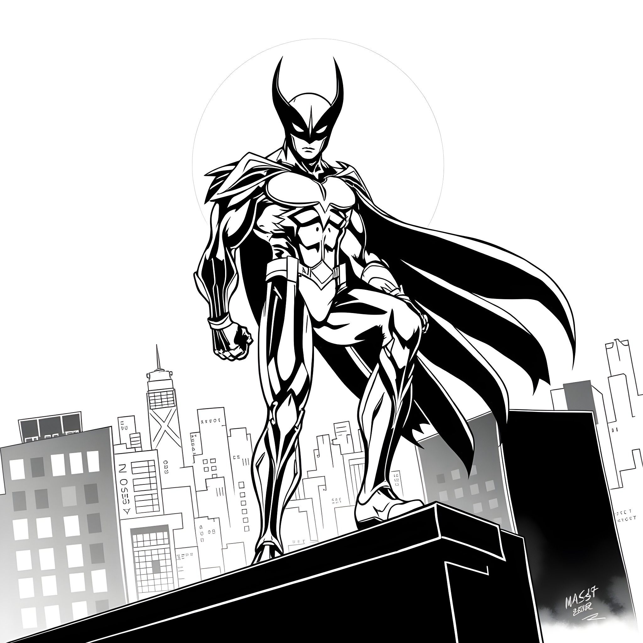 Moonwing, the Superhero Takes Flight over the City Coloring Page (free black-and-white line drawing printable PDF for all, from beginners to advanced learners, including children, teens, adults, and seniors)