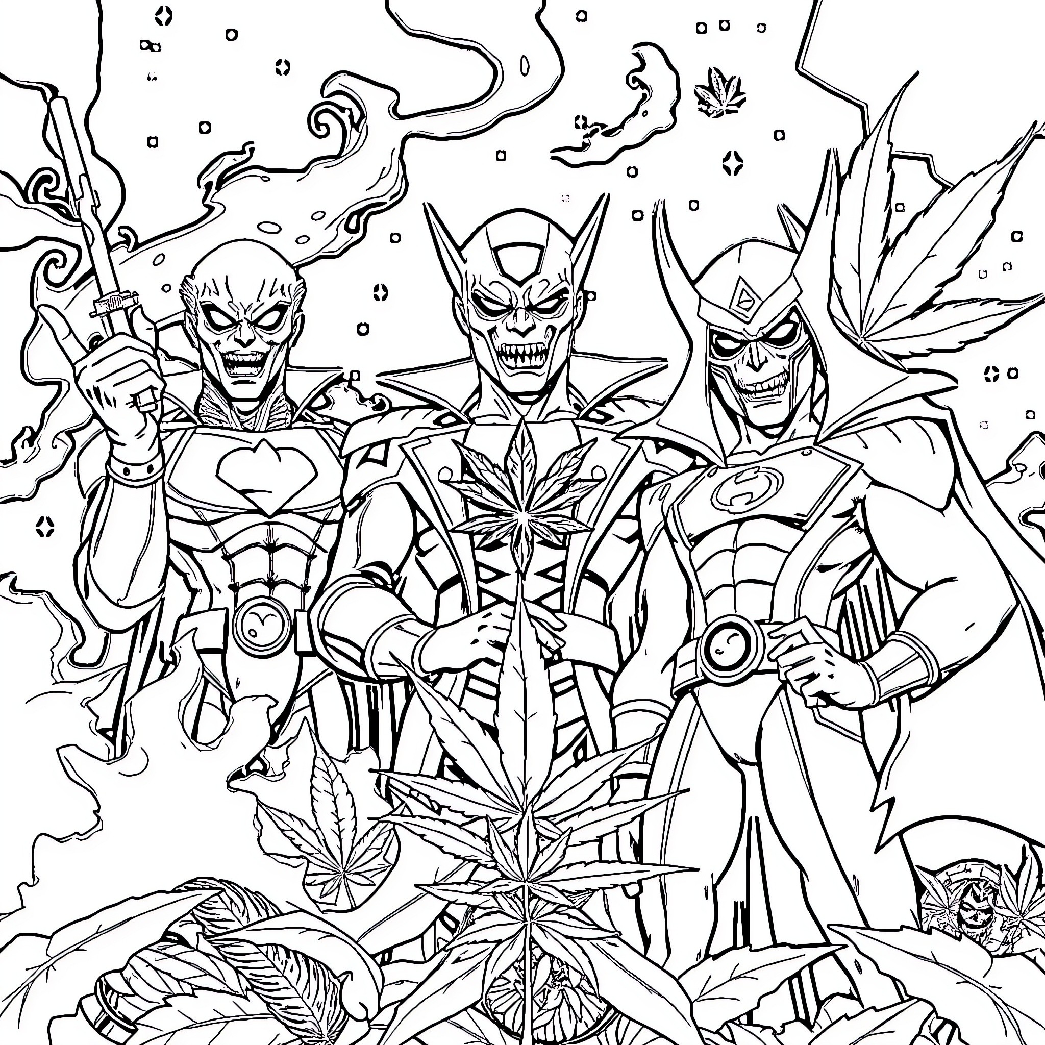 Supervillain trio in fantastical battle poses Coloring Page (free black-and-white line drawing printable PDF for all, from beginners to advanced learners, including children, teens, adults, and seniors)