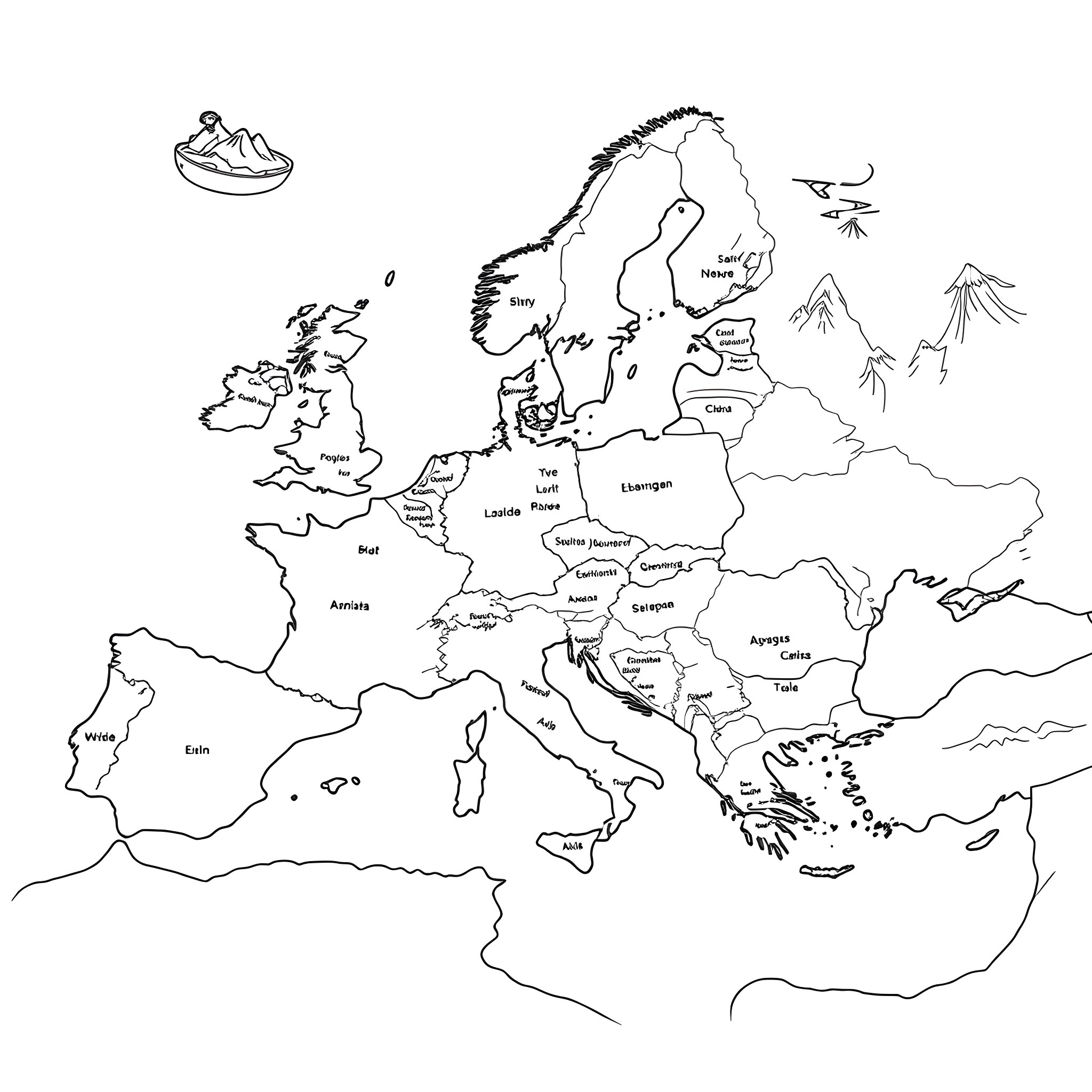 Map of Europe with Diverse Landmarks Coloring Page (free black-and-white line drawing printable PDF for all, from beginners to advanced learners, including children, teens, adults, and seniors)