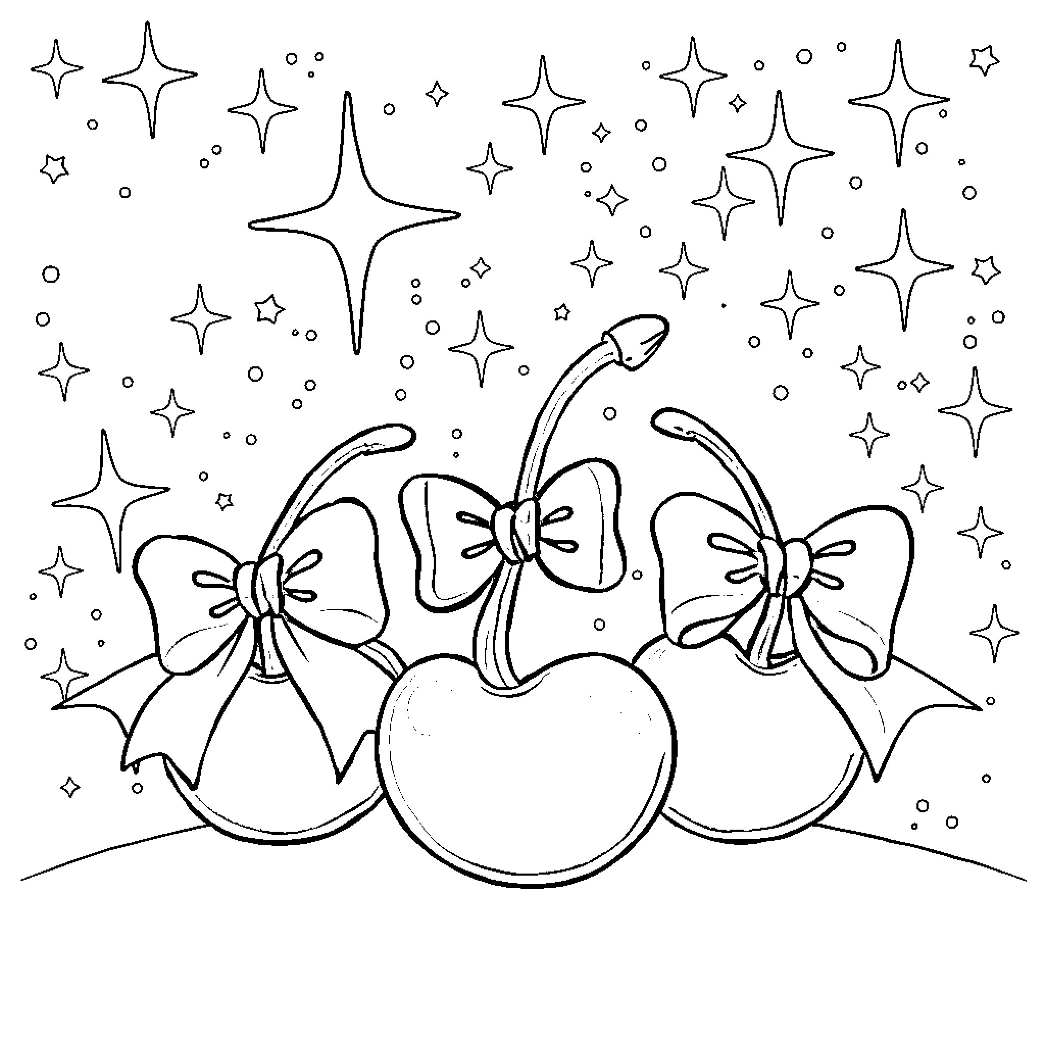 Cherry Ornaments with Festive Bows and Sparkling Stars Coloring Page (free black-and-white line drawing printable PDF for all, from beginners to advanced learners, including children, teens, adults, and seniors)