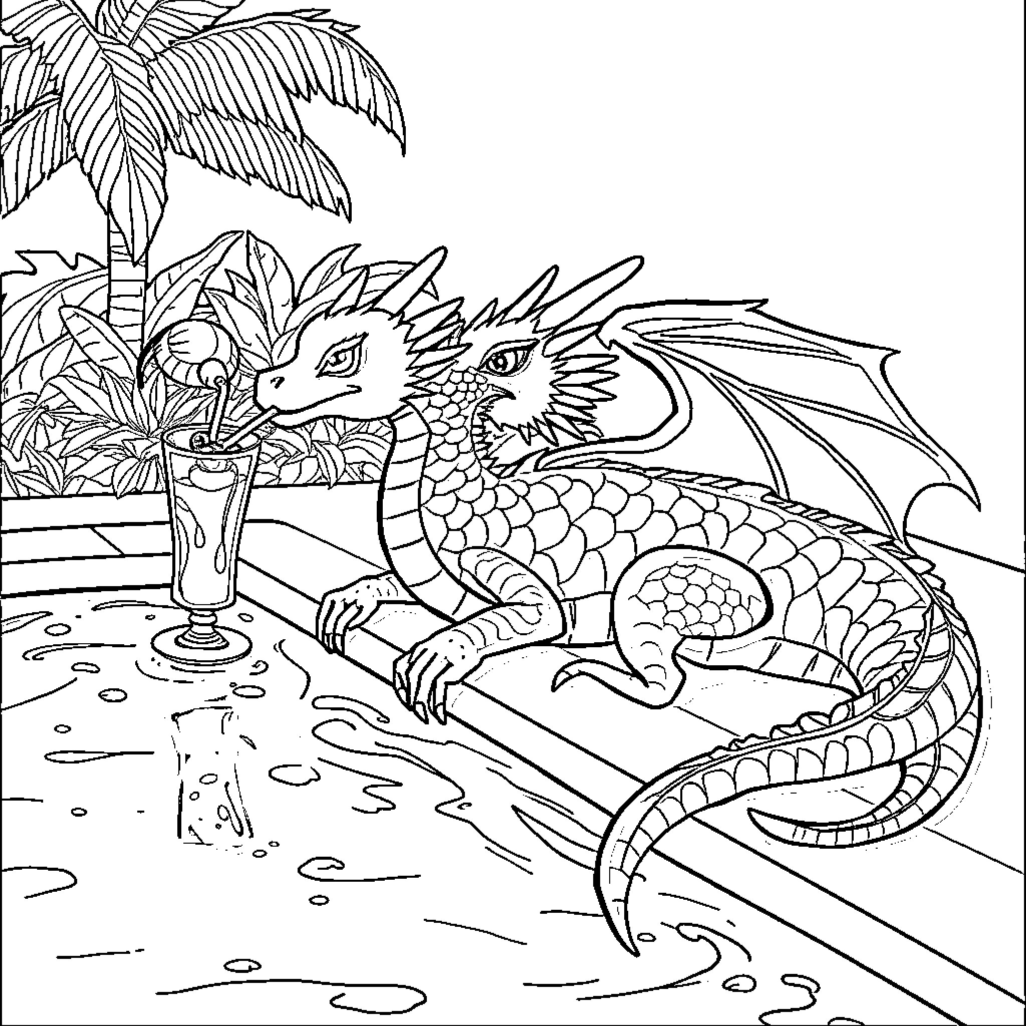 Dragon relaxing in tropical jungle scenery Coloring Page (free black-and-white line drawing printable PDF for all, from beginners to advanced learners, including children, teens, adults, and seniors)