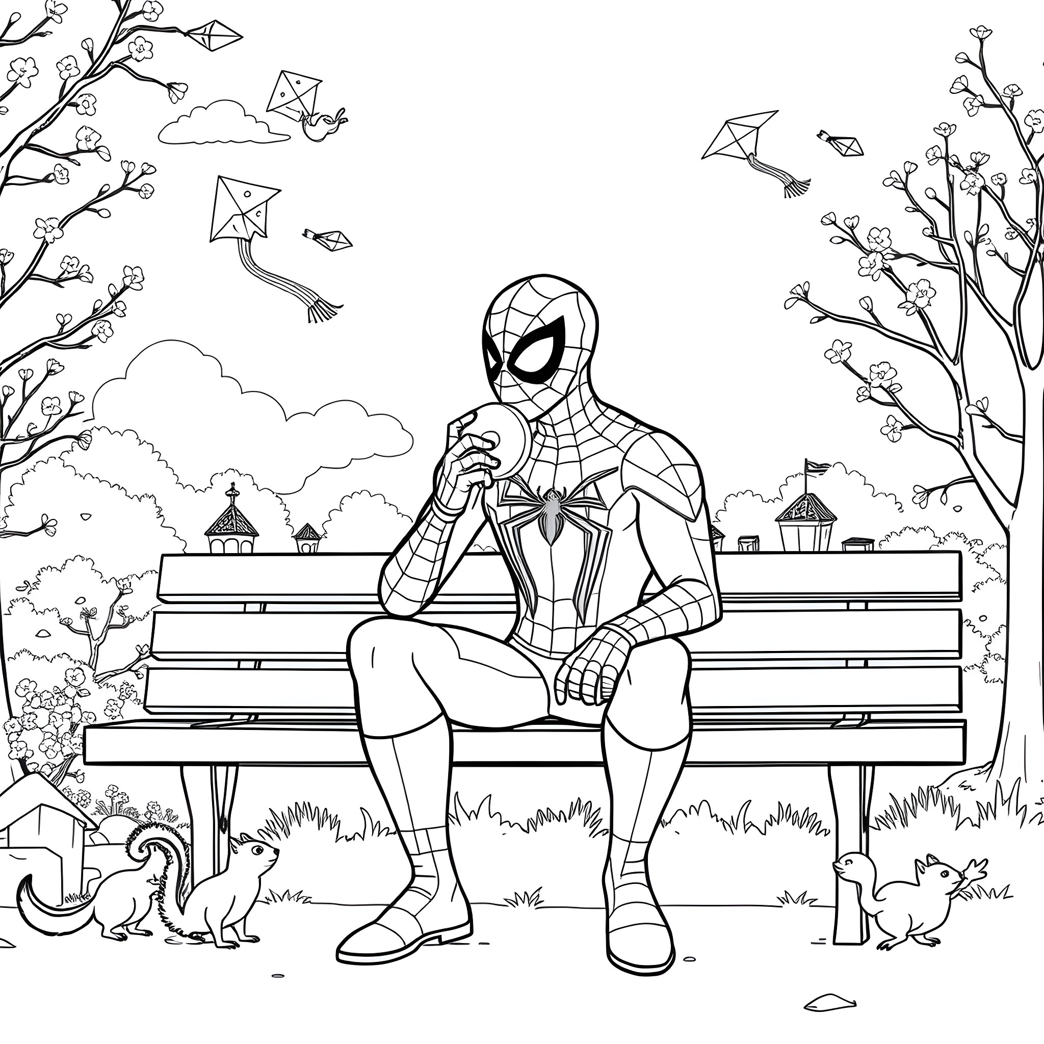 Spider-Man relaxing on a park bench with flying kites Coloring Page (free black-and-white line drawing printable PDF for all, from beginners to advanced learners, including children, teens, adults, and seniors)
