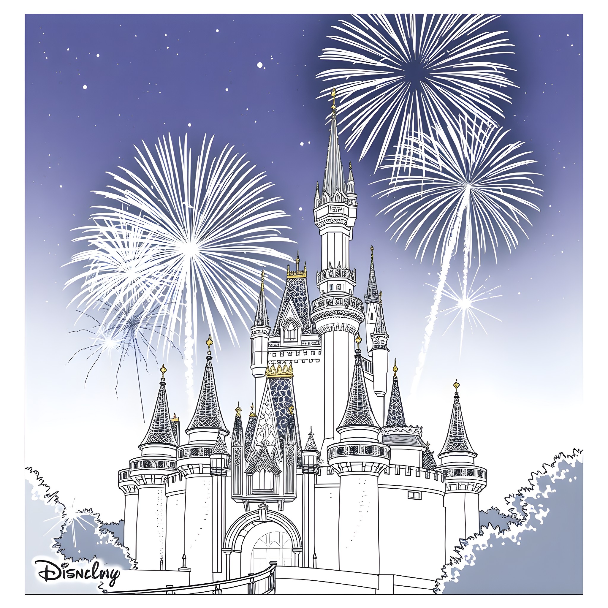 Castle with Fireworks and Stately Architecture Coloring Page (free black-and-white line drawing printable PDF for all, from beginners to advanced learners, including children, teens, adults, and seniors)