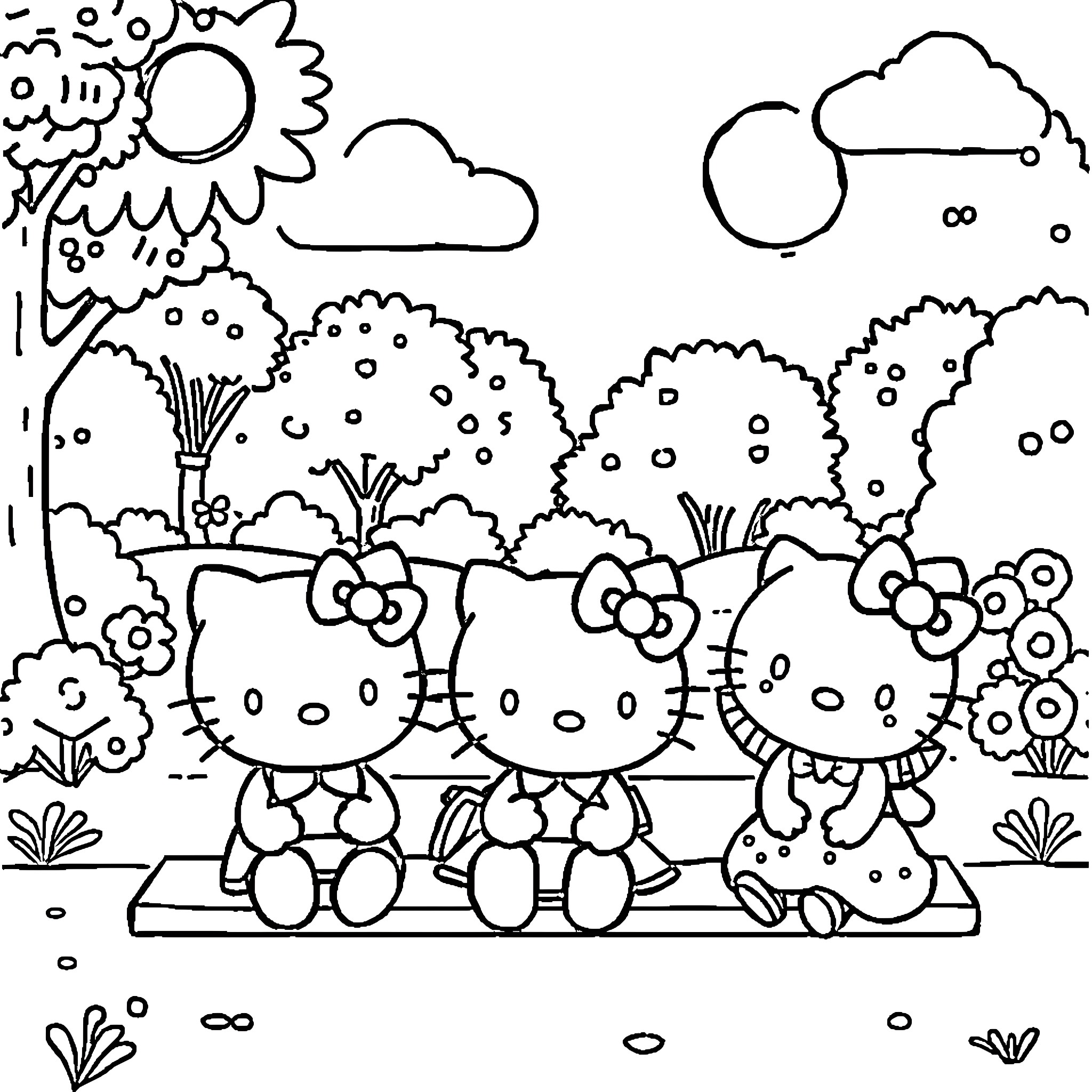 Hello Kitty enjoying a picnic with friends in the park Coloring Page (free black-and-white line drawing printable PDF for all, from beginners to advanced learners, including children, teens, adults, and seniors)