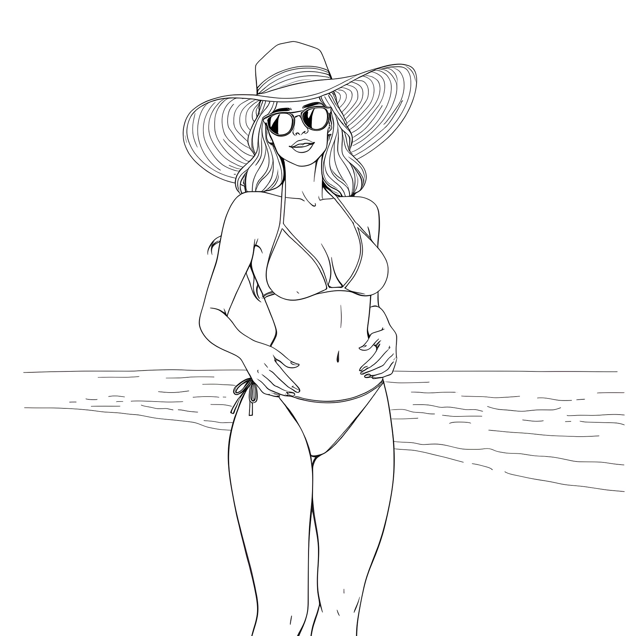 Woman in swimsuit enjoying the beach Coloring Page (free black-and-white line drawing printable PDF for all, from beginners to advanced learners, including children, teens, adults, and seniors)