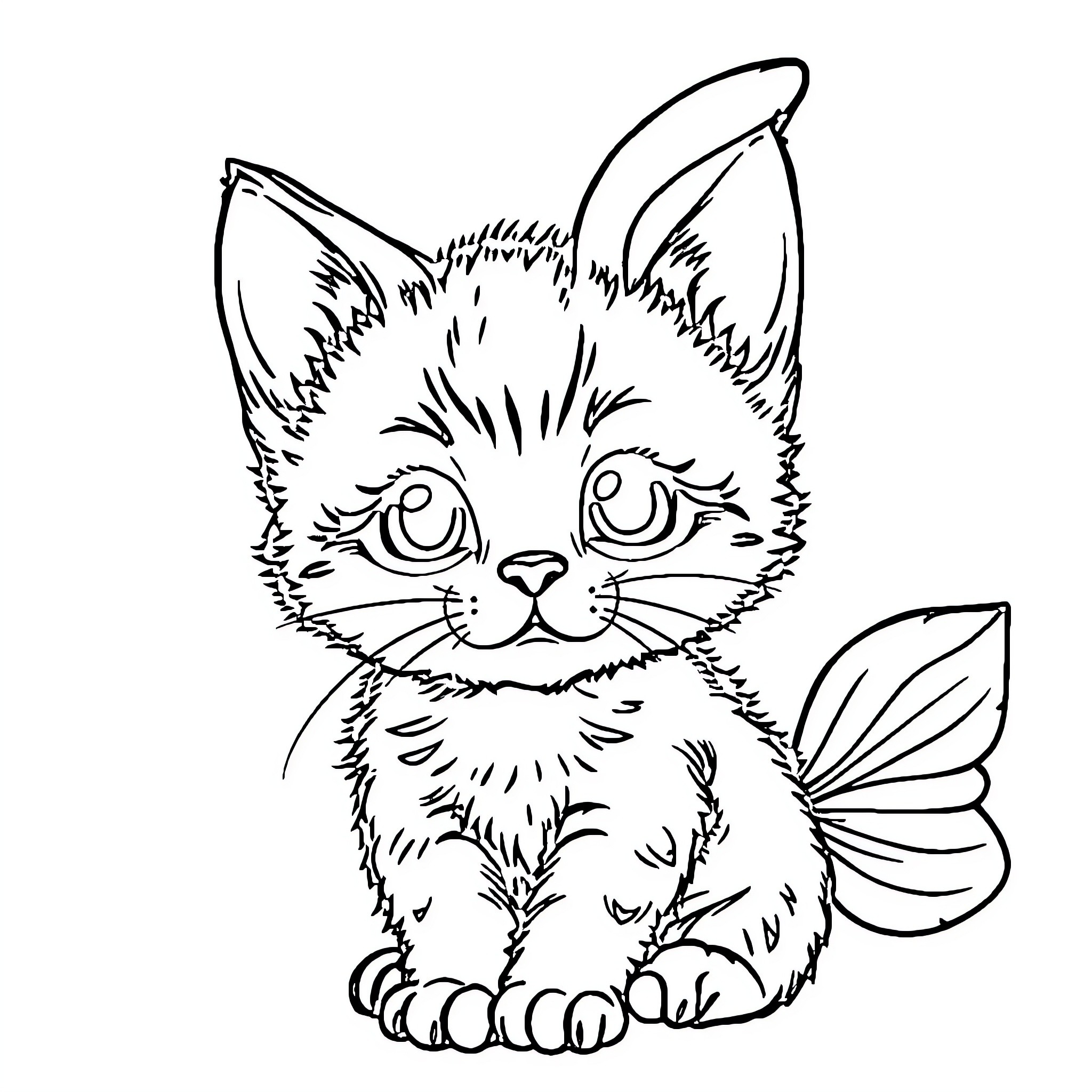 Kitten with whimsical butterfly wings Coloring Page (free black-and-white line drawing printable PDF for all, from beginners to advanced learners, including children, teens, adults, and seniors)