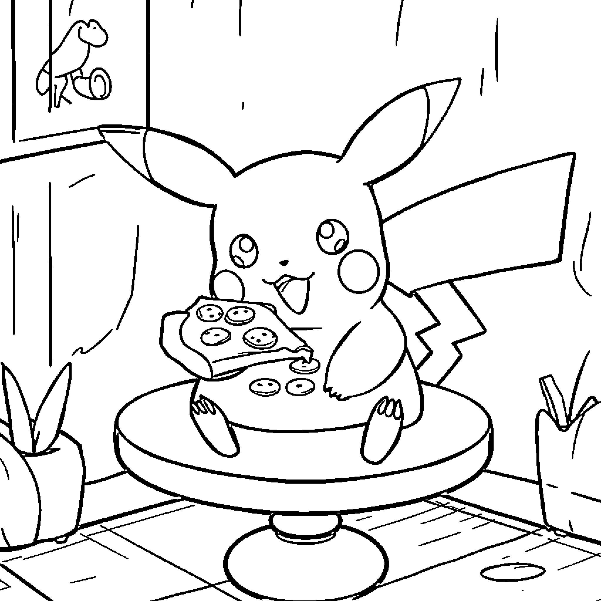 Pikachu enjoying a delicious snack Coloring Page (free black-and-white line drawing printable PDF for all, from beginners to advanced learners, including children, teens, adults, and seniors)