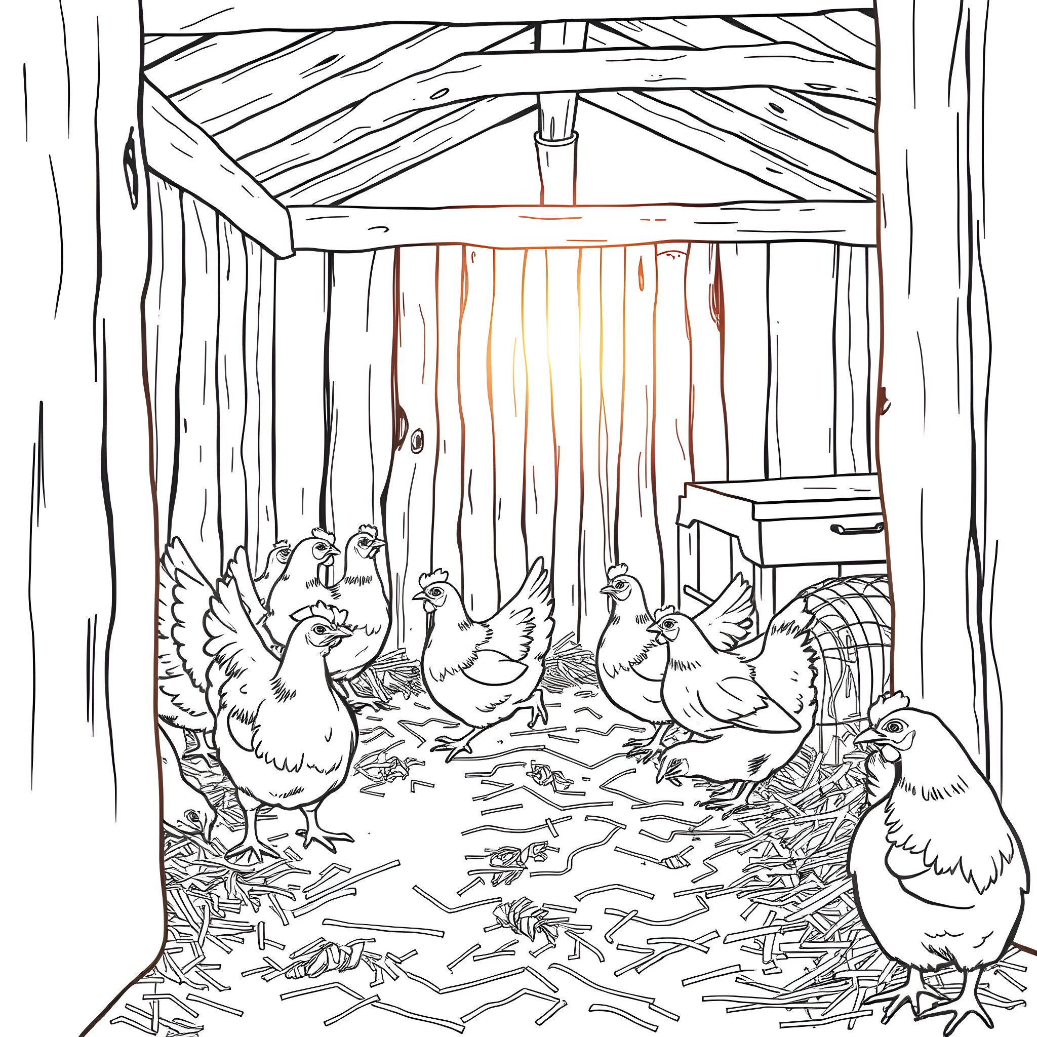 Chickens gathering in the cozy coop Coloring Page (free black-and-white line drawing printable PDF for all, from beginners to advanced learners, including children, teens, adults, and seniors)