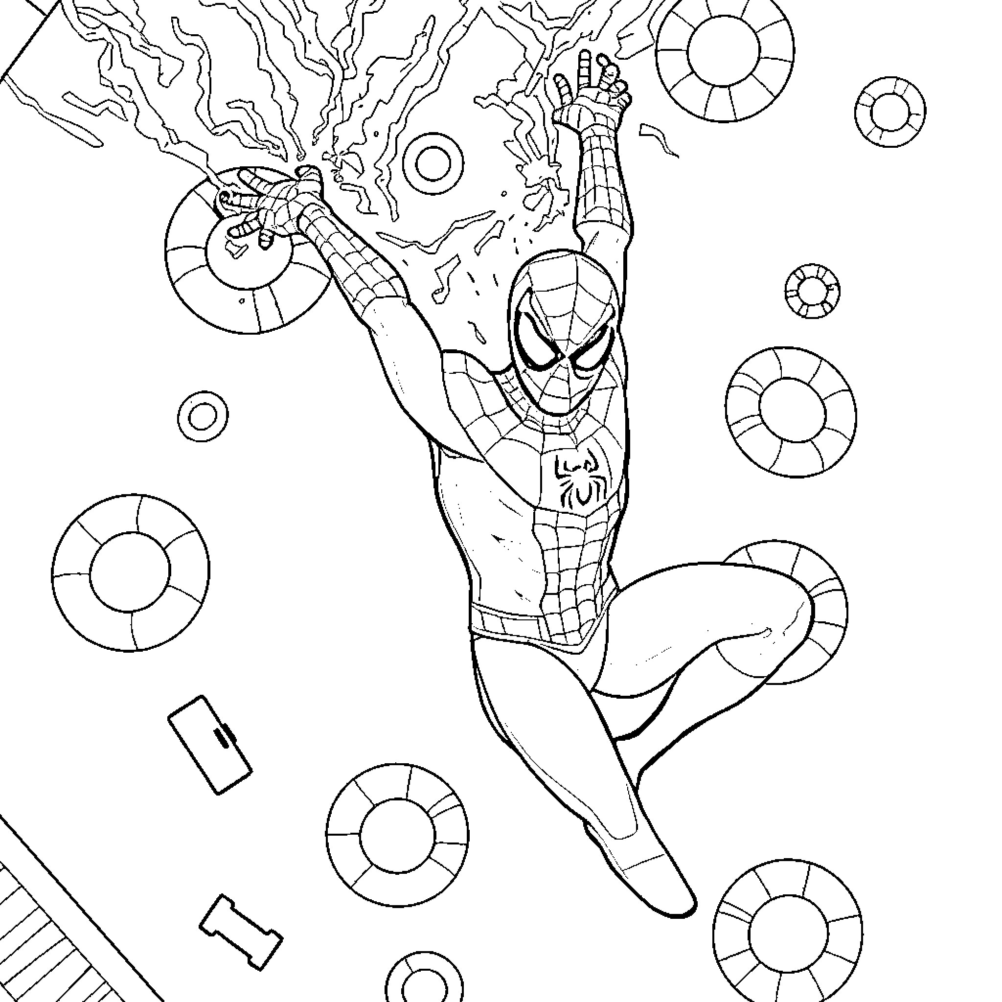 Spiderman swinging into action Coloring Page (free black-and-white line drawing printable PDF for all, from beginners to advanced learners, including children, teens, adults, and seniors)