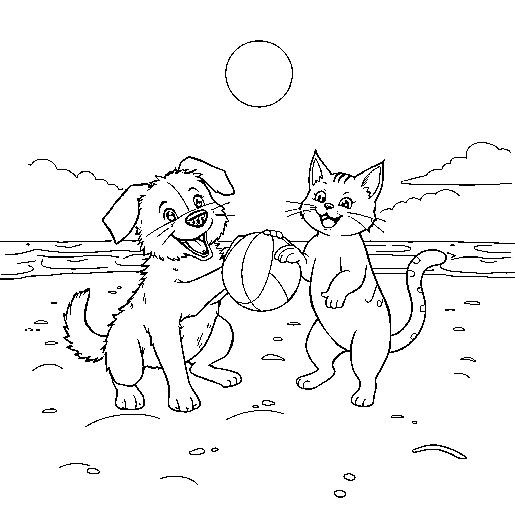 Dog and cat playing happily on the beach Coloring Page (free black-and-white line drawing printable PDF for all, from beginners to advanced learners, including children, teens, adults, and seniors)