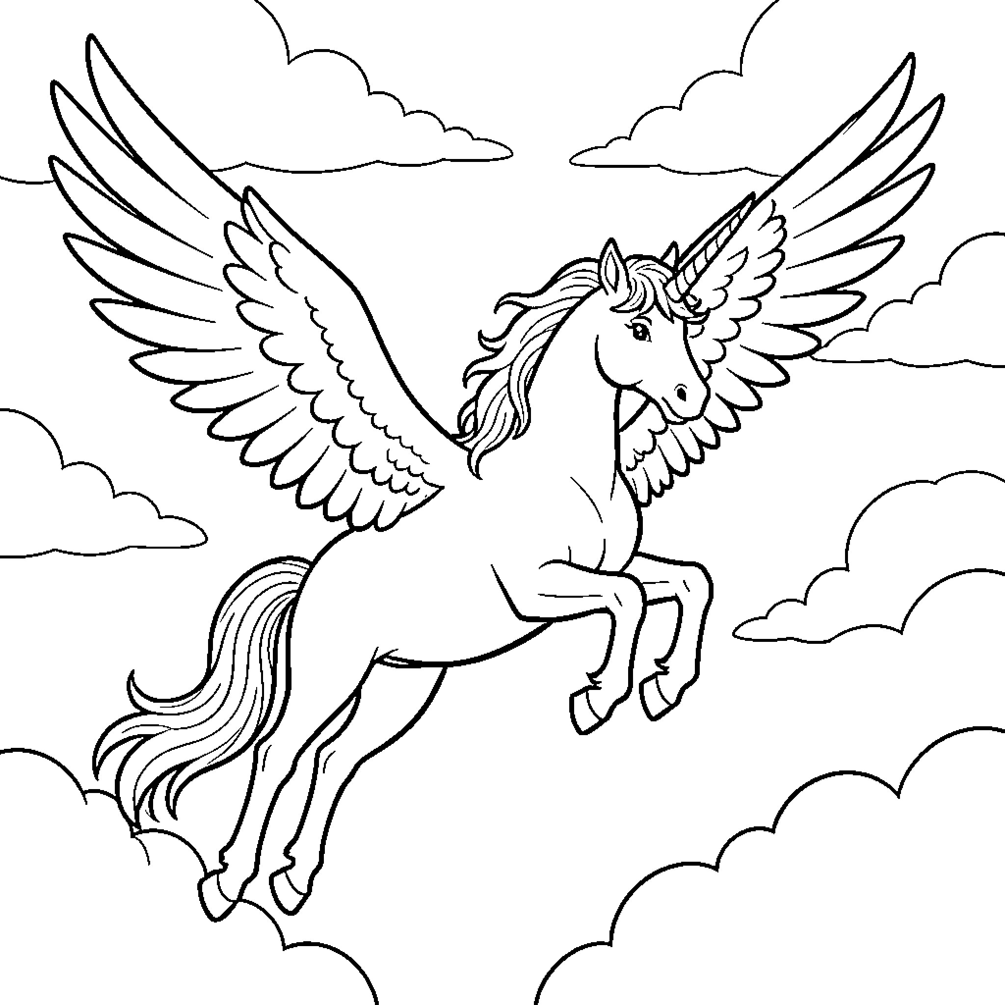 Unicorn flying gracefully through the clouds Coloring Page (free black-and-white line drawing printable PDF for all, from beginners to advanced learners, including children, teens, adults, and seniors)