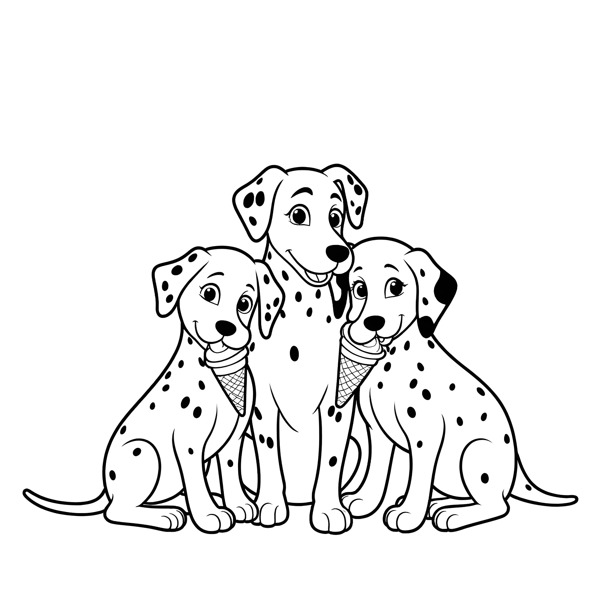 Dalmatian puppies sitting together happily Coloring Page (free black-and-white line drawing printable PDF for all, from beginners to advanced learners, including children, teens, adults, and seniors)