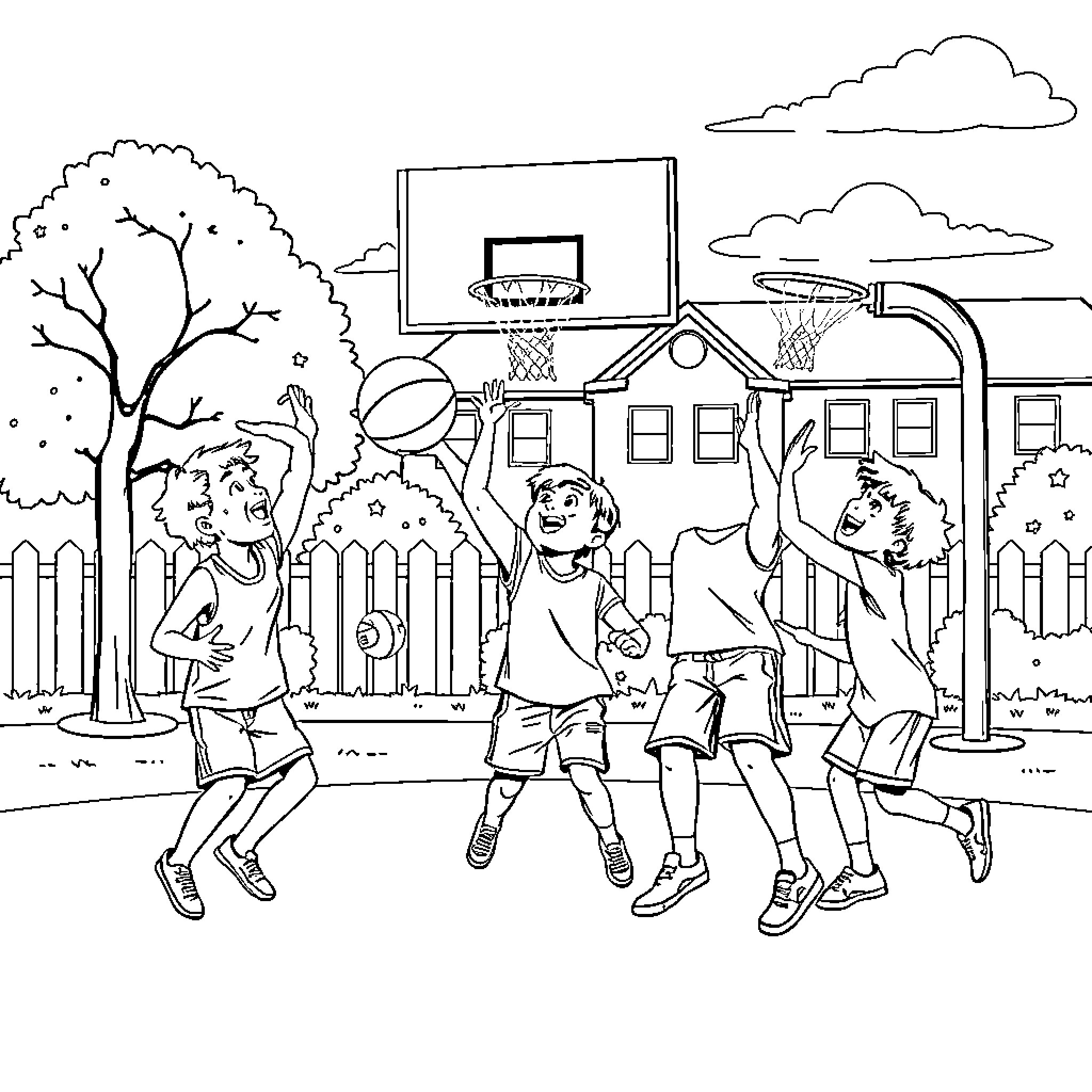Kid playing basketball outdoors with friends Coloring Page (free black-and-white line drawing printable PDF for all, from beginners to advanced learners, including children, teens, adults, and seniors)