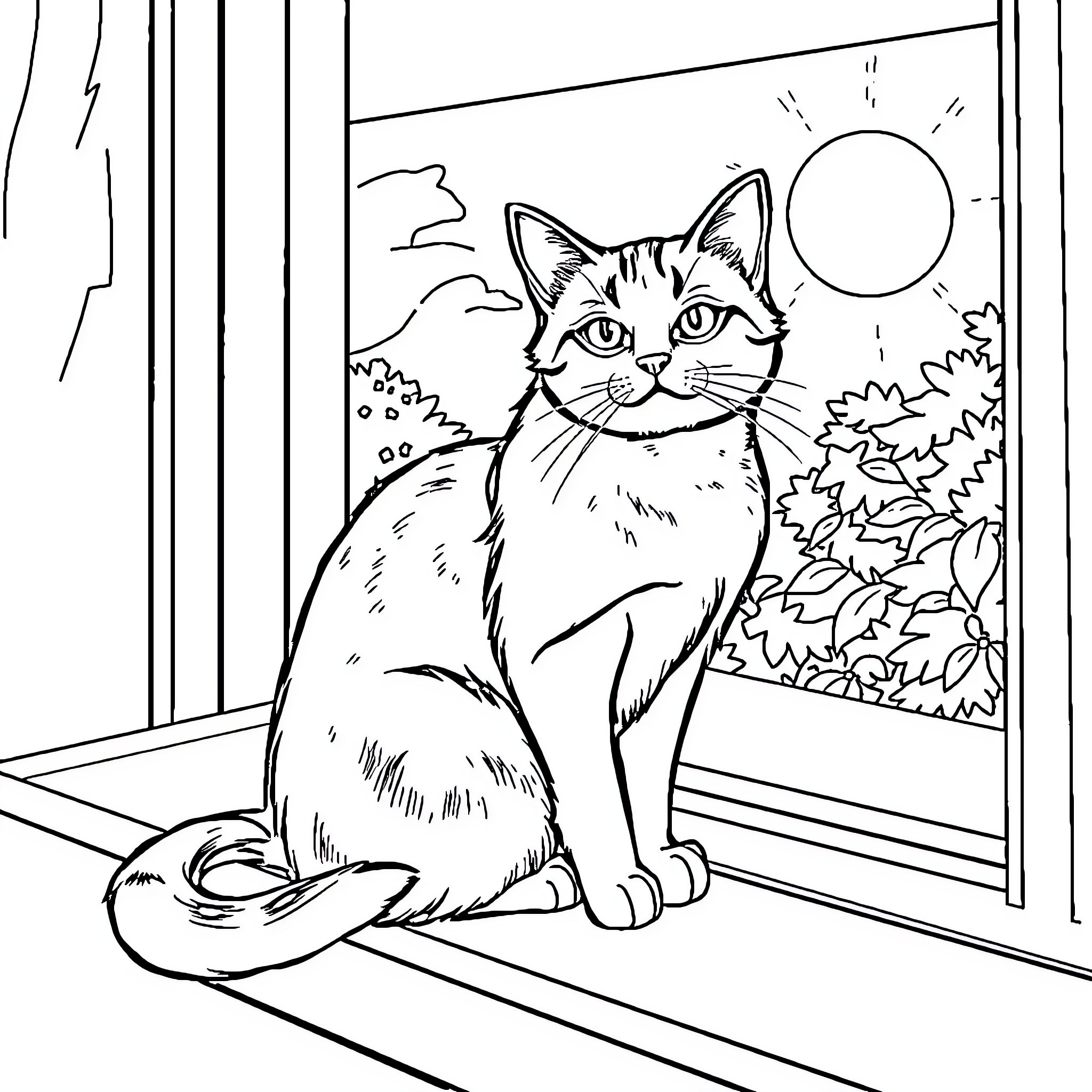 Cat gazing out the window on a sunny day Coloring Page (free black-and-white line drawing printable PDF for all, from beginners to advanced learners, including children, teens, adults, and seniors)
