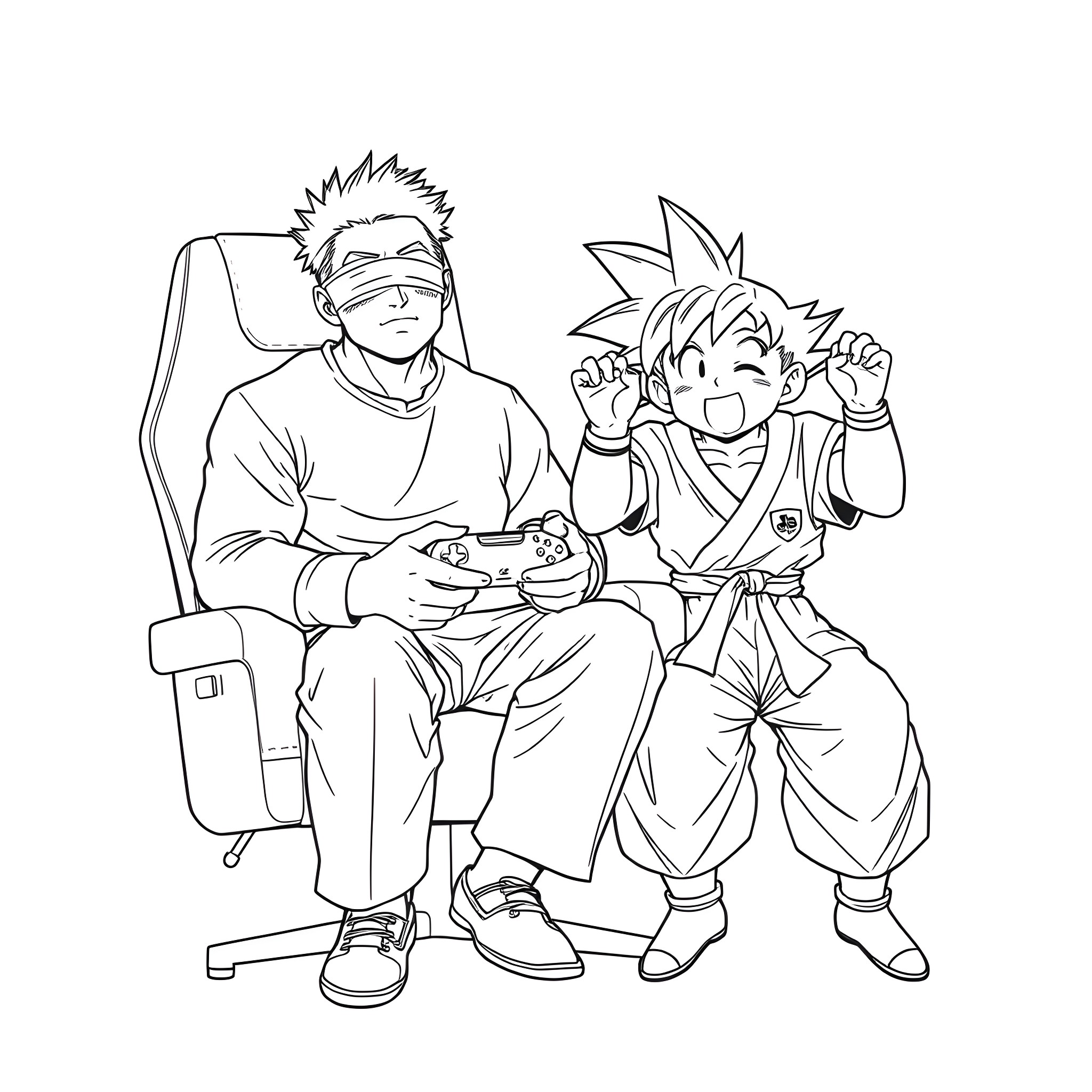 Satoru Gojo and young boy playing video games Coloring Page (free black-and-white line drawing printable PDF for all, from beginners to advanced learners, including children, teens, adults, and seniors)