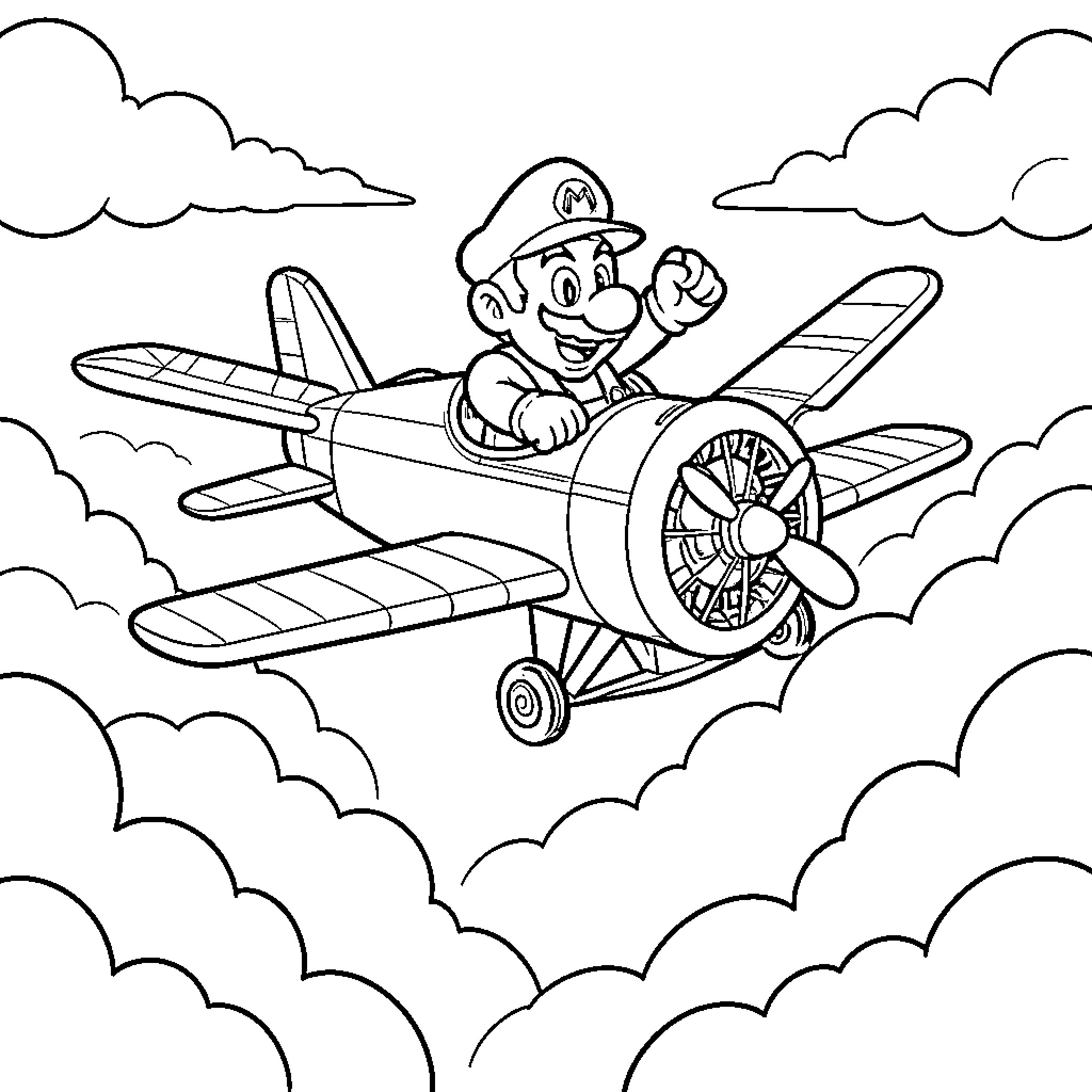 Mario piloting an airplane through the clouds Coloring Page (free black-and-white line drawing printable PDF for all, from beginners to advanced learners, including children, teens, adults, and seniors)
