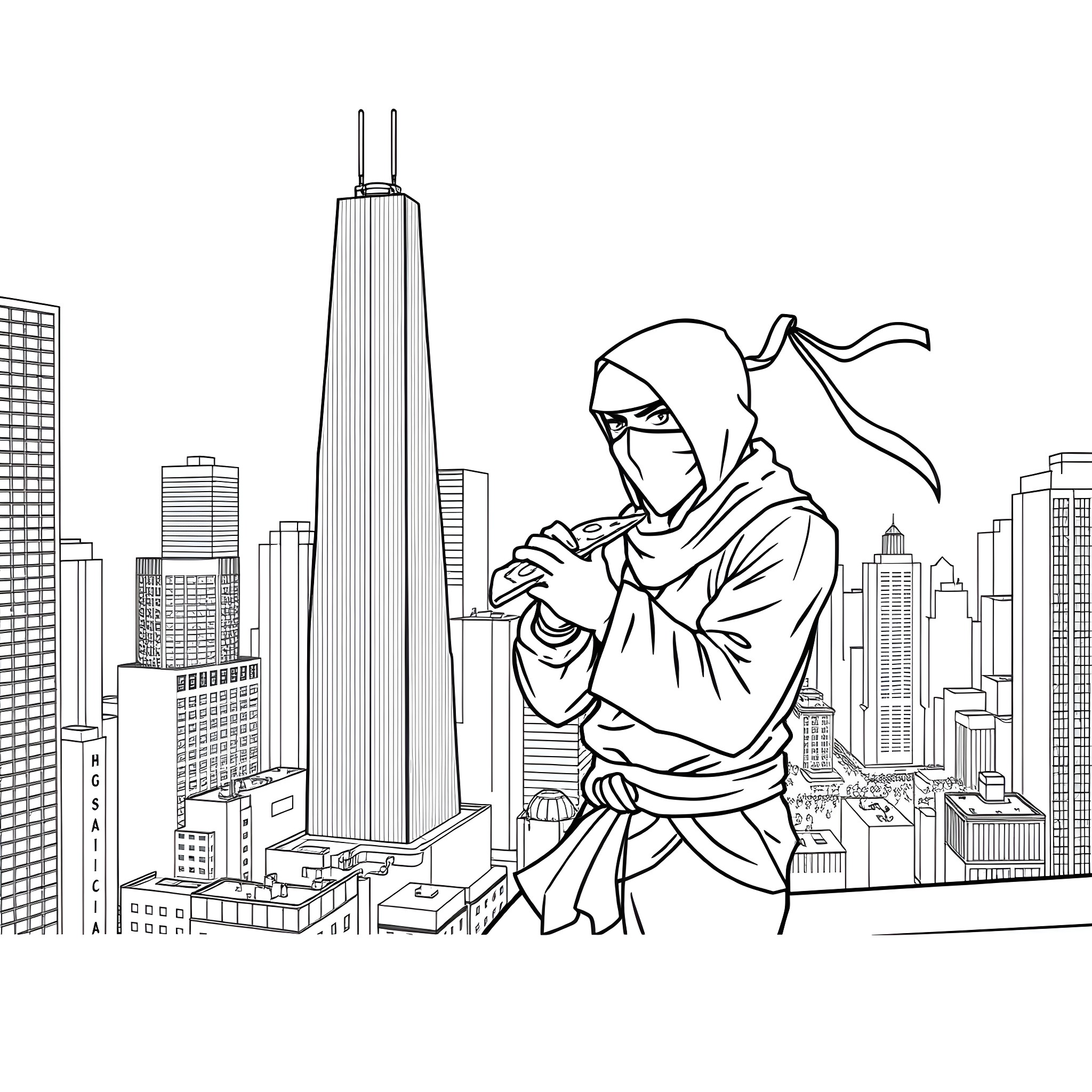 Ninja silently observing the city skyline Coloring Page (free black-and-white line drawing printable PDF for all, from beginners to advanced learners, including children, teens, adults, and seniors)