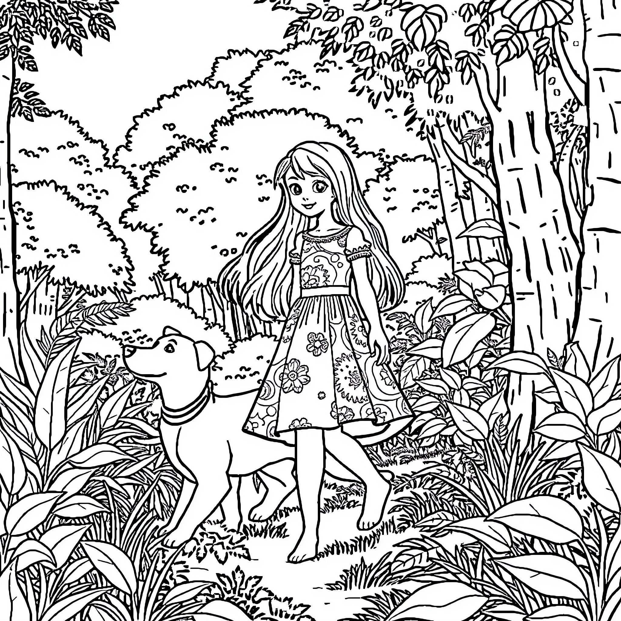 Girl exploring the lush forest with her pet Coloring Page (free black-and-white line drawing printable PDF for all, from beginners to advanced learners, including children, teens, adults, and seniors)