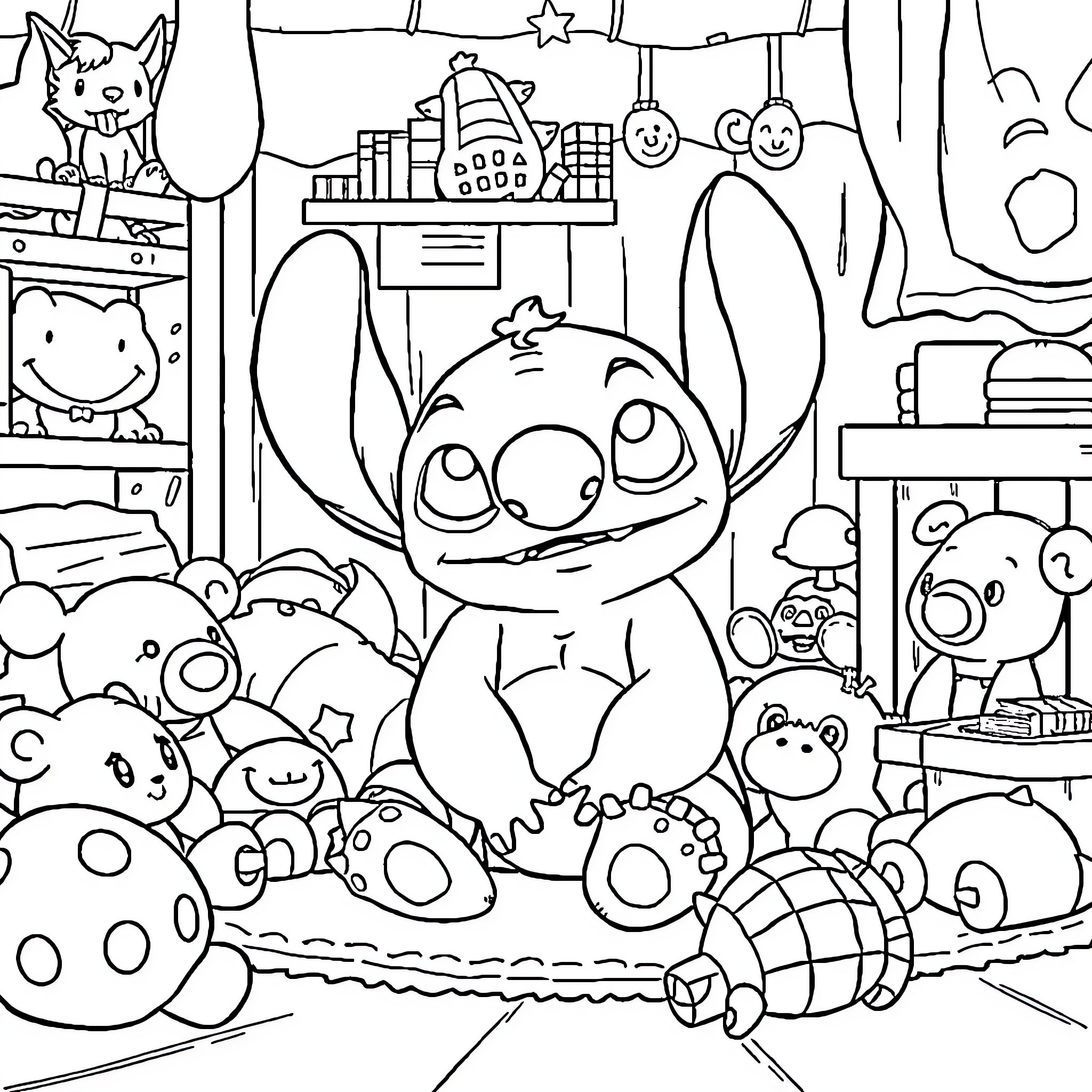 Stitch's Cozy Toy Paradise Coloring Page (free black-and-white line drawing printable PDF for all, from beginners to advanced learners, including children, teens, adults, and seniors)