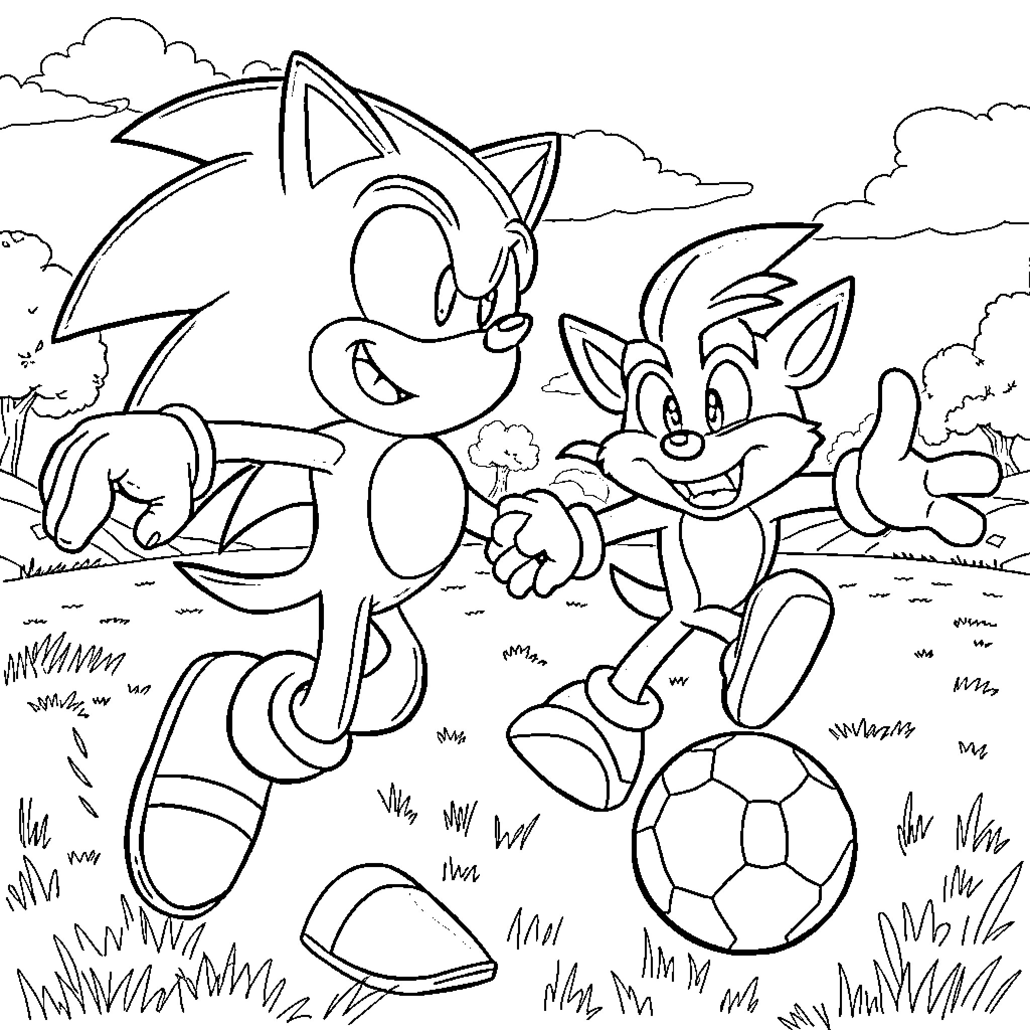 Sonic and Friends Playing Soccer in the Outdoors Coloring Page (free black-and-white line drawing printable PDF for all, from beginners to advanced learners, including children, teens, adults, and seniors)