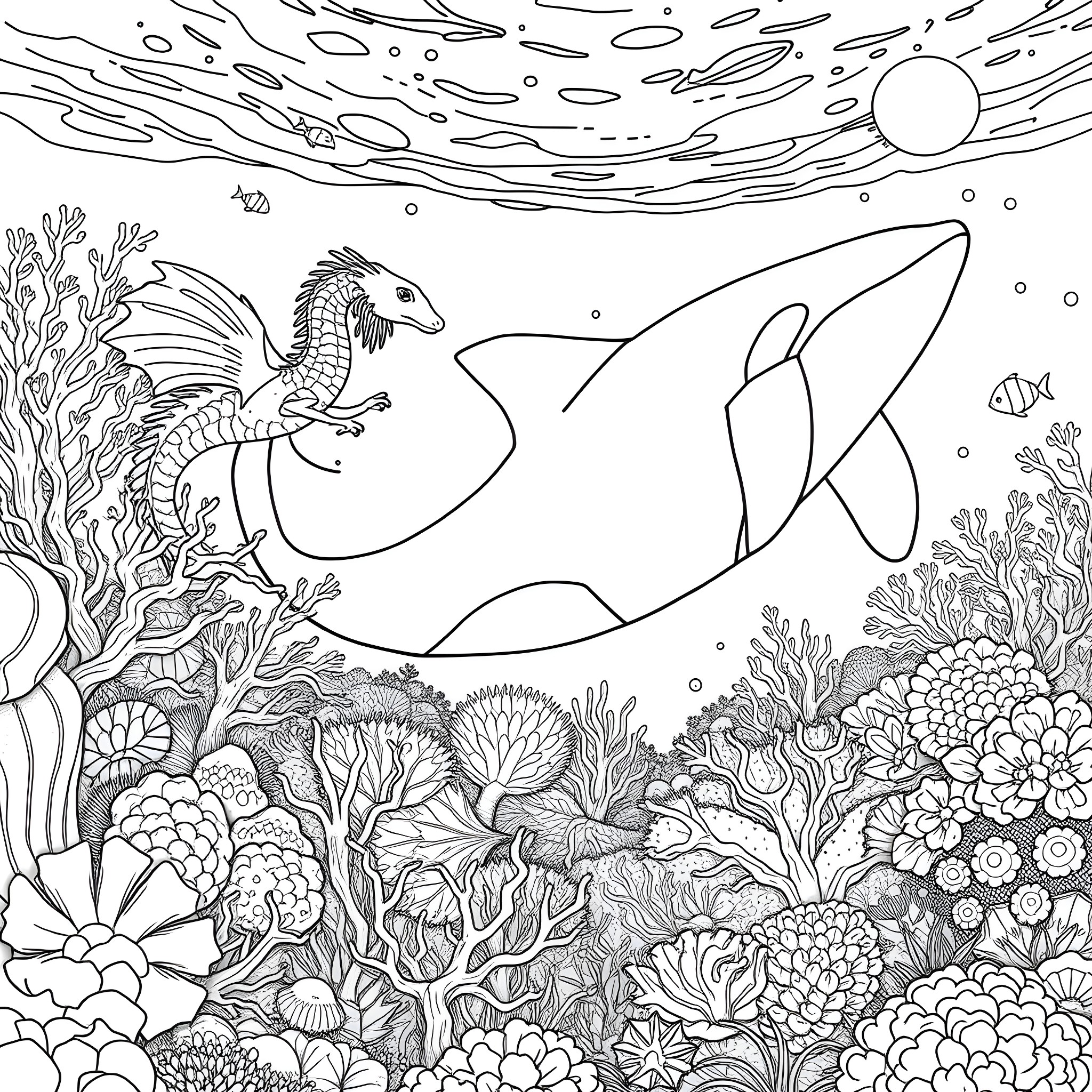Orca swimming among vibrant marine life Coloring Page (free black-and-white line drawing printable PDF for all, from beginners to advanced learners, including children, teens, adults, and seniors)