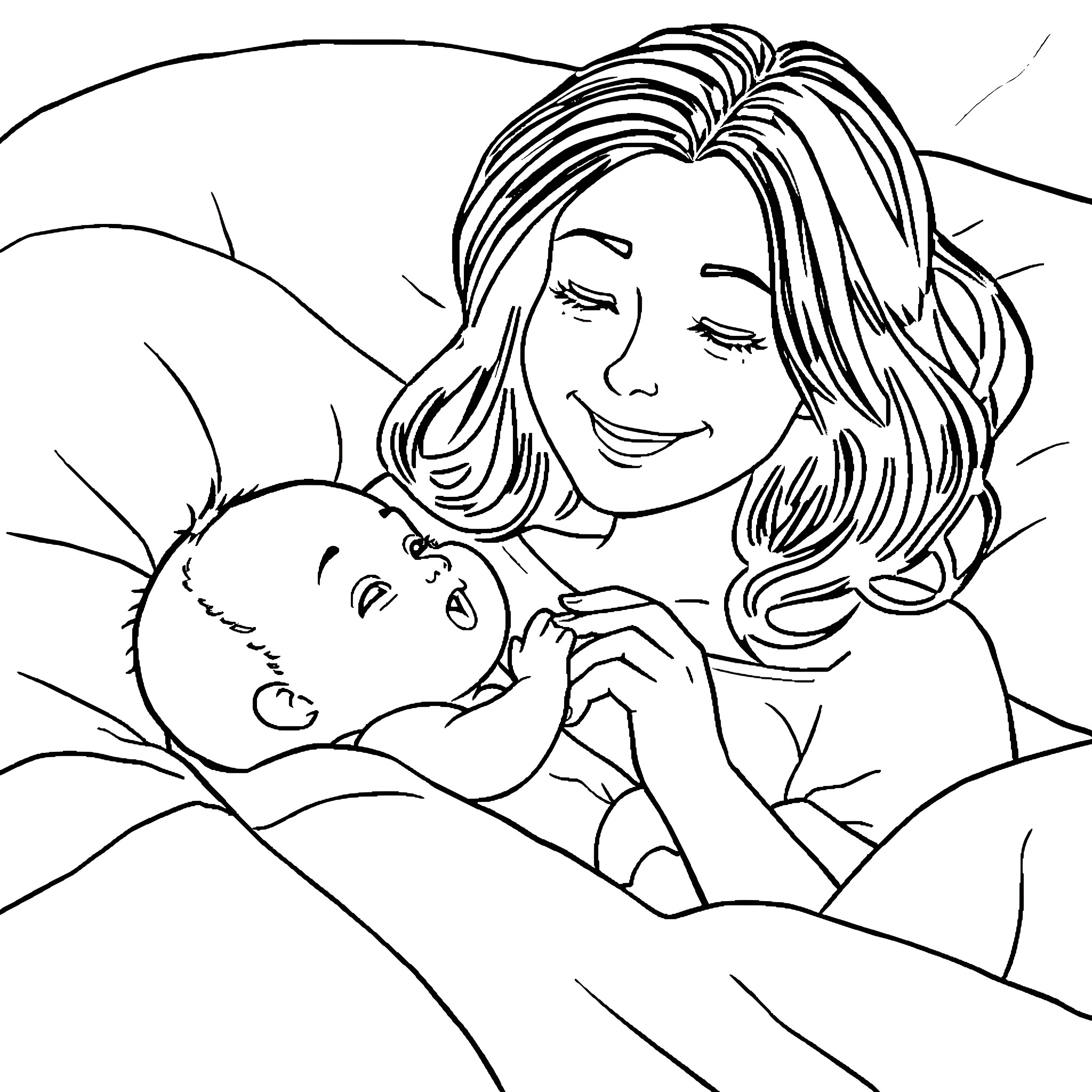 Wife cradling baby affectionately Coloring Page (free black-and-white line drawing printable PDF for all, from beginners to advanced learners, including children, teens, adults, and seniors)