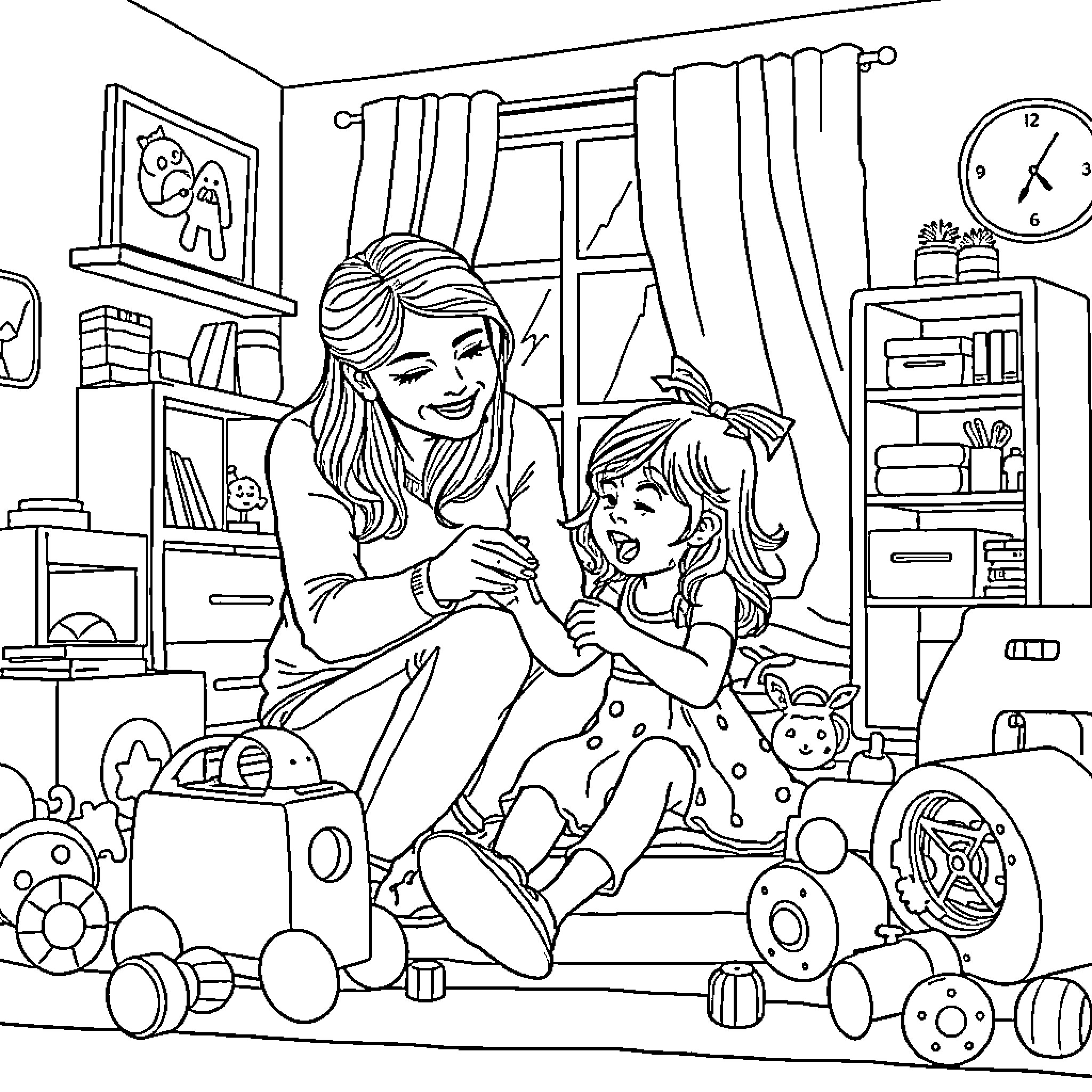 Mother Comforting and Playing with Daughter Coloring Page (free black-and-white line drawing printable PDF for all, from beginners to advanced learners, including children, teens, adults, and seniors)