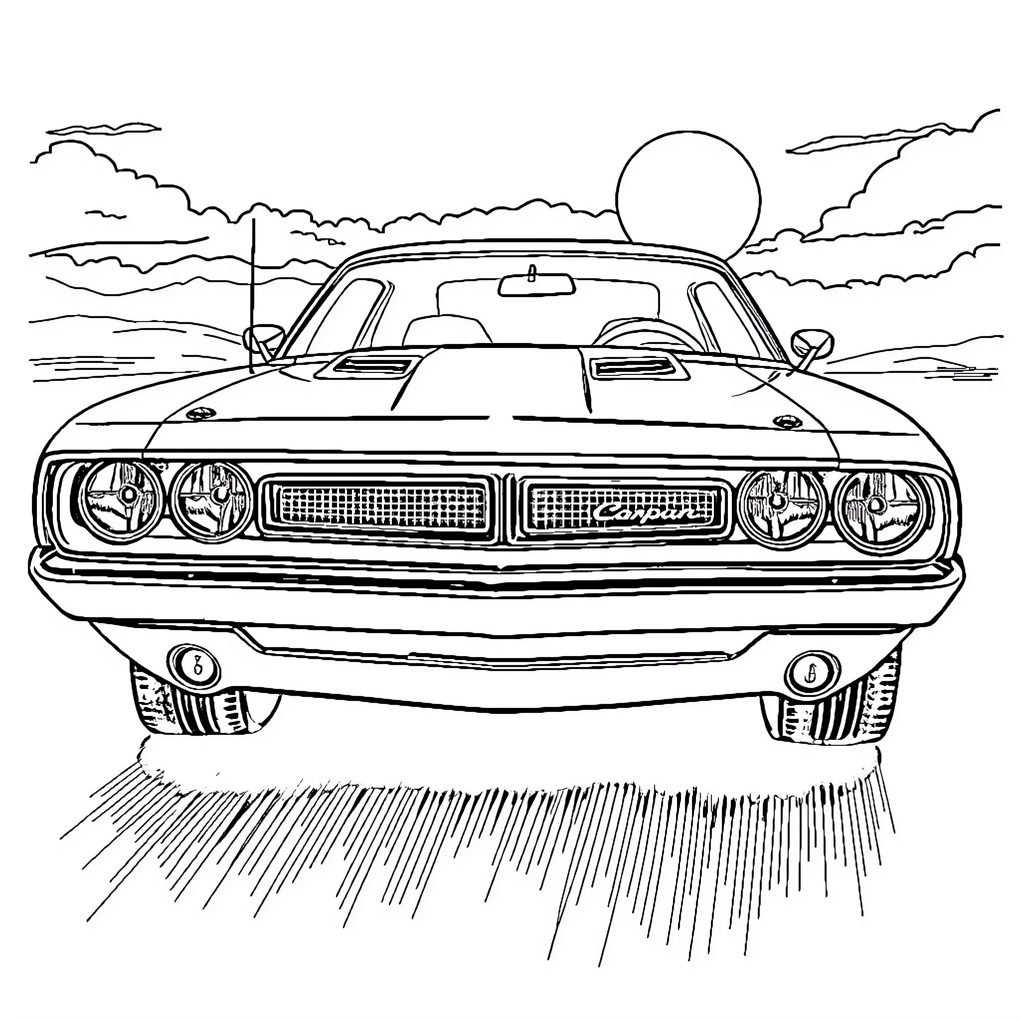 Mopar muscle car in iconic sunset landscape Coloring Page (free black-and-white line drawing printable PDF for all, from beginners to advanced learners, including children, teens, adults, and seniors)