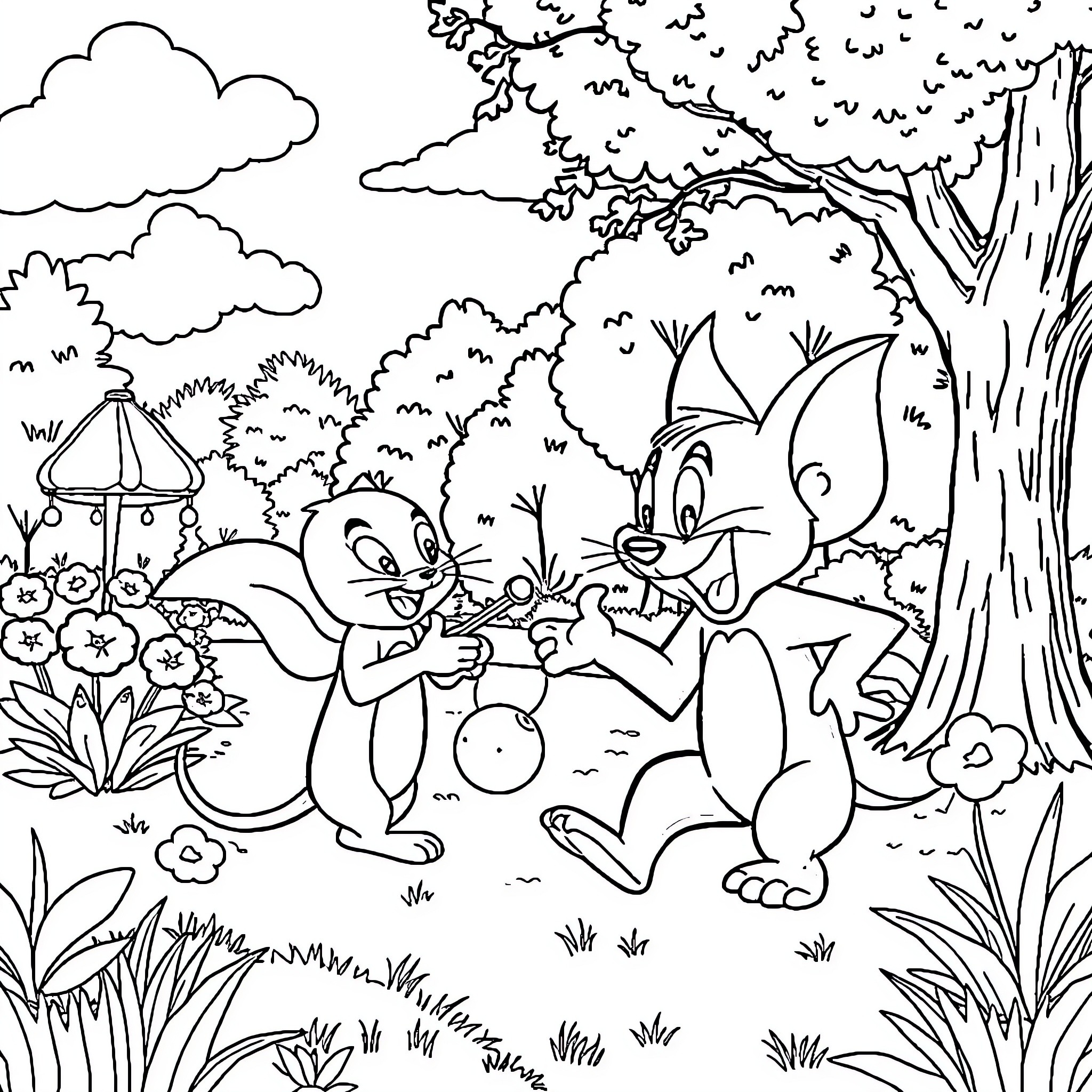 Pat Patrouille: Friendly animals in a lush forest scene Coloring Page (free black-and-white line drawing printable PDF for all, from beginners to advanced learners, including children, teens, adults, and seniors)