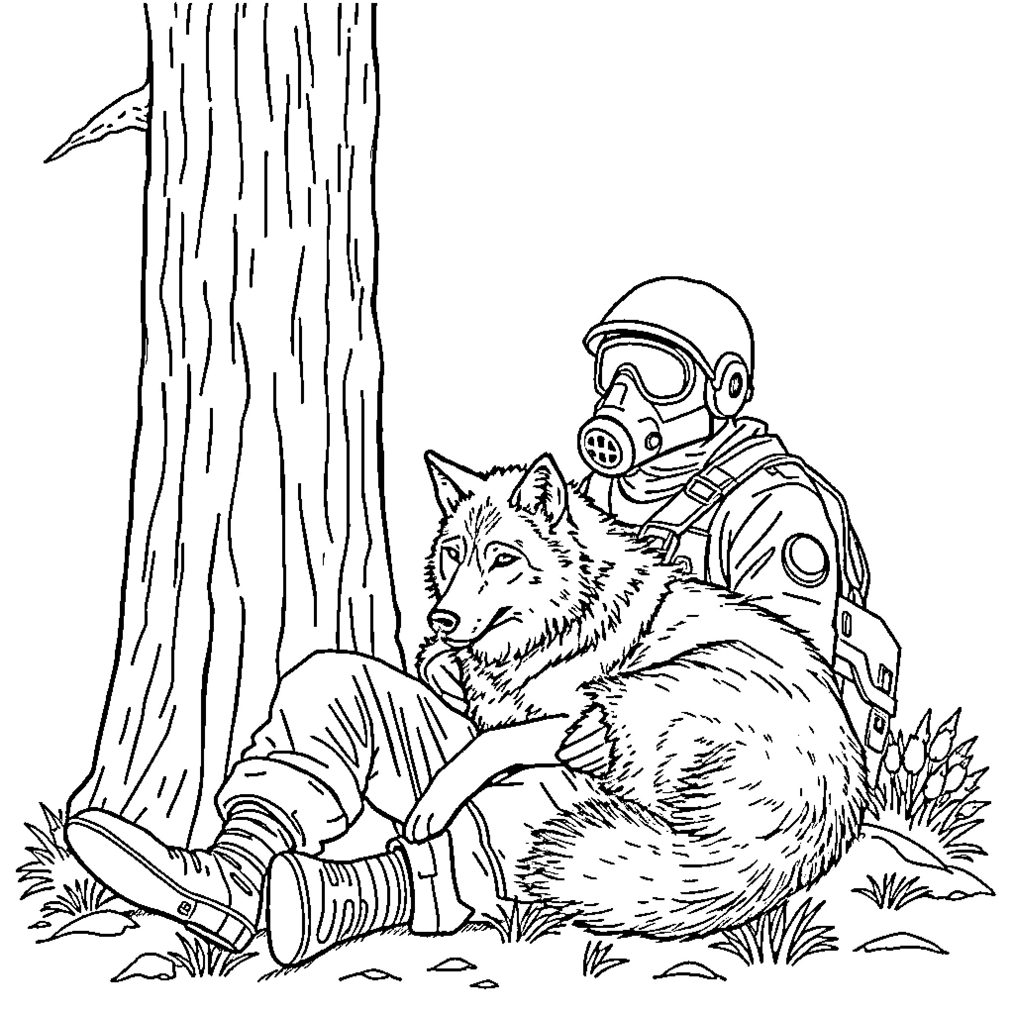 Soldier resting with wolf companion in wilderness Coloring Page (free black-and-white line drawing printable PDF for all, from beginners to advanced learners, including children, teens, adults, and seniors)