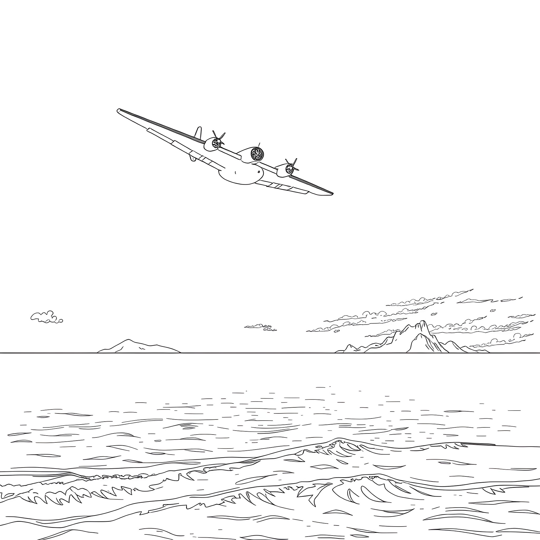 Plane soaring over the ocean landscape Coloring Page (free black-and-white line drawing printable PDF for all, from beginners to advanced learners, including children, teens, adults, and seniors)