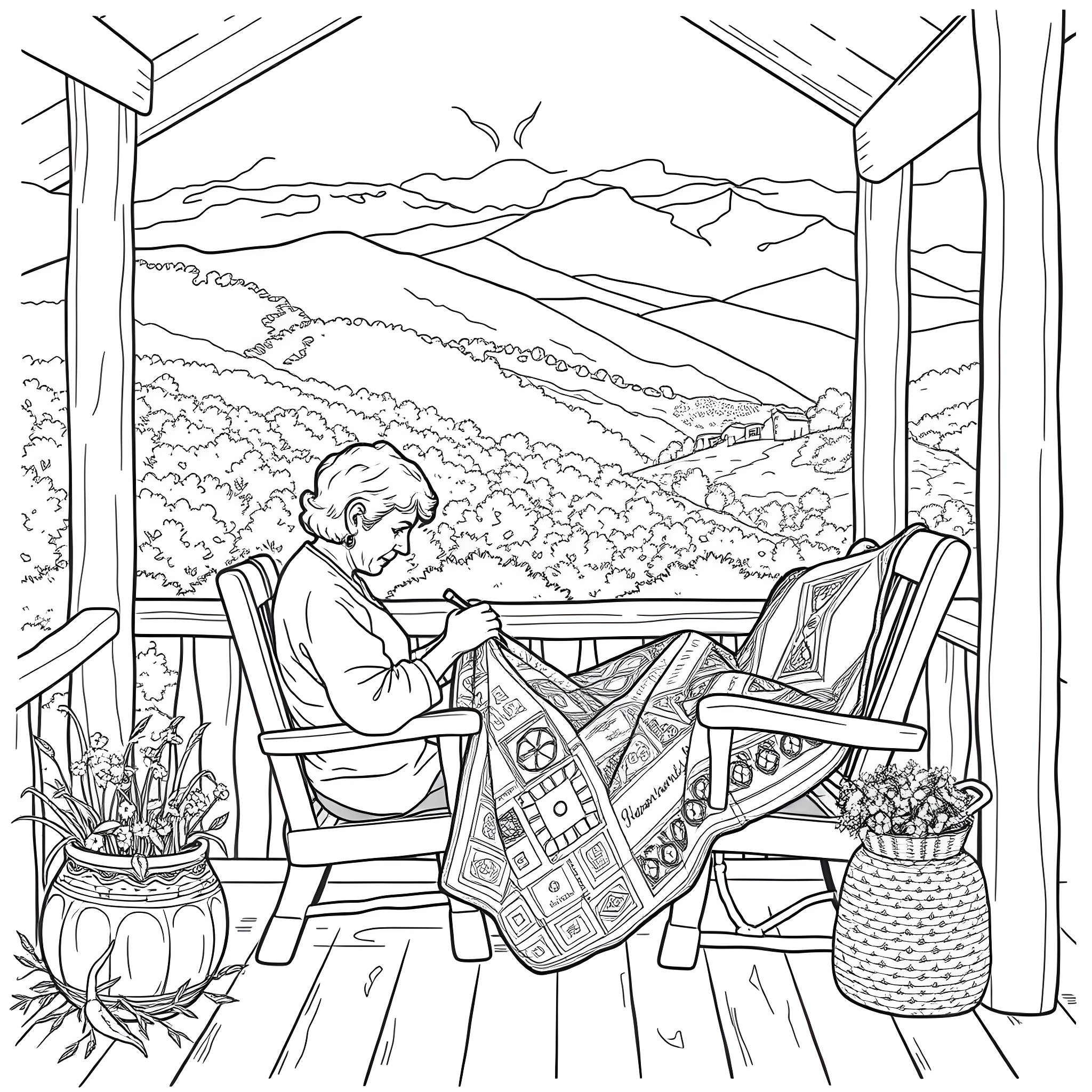 Lady Relaxing on Cozy Porch with Mountain View Coloring Page (free black-and-white line drawing printable PDF for all, from beginners to advanced learners, including children, teens, adults, and seniors)