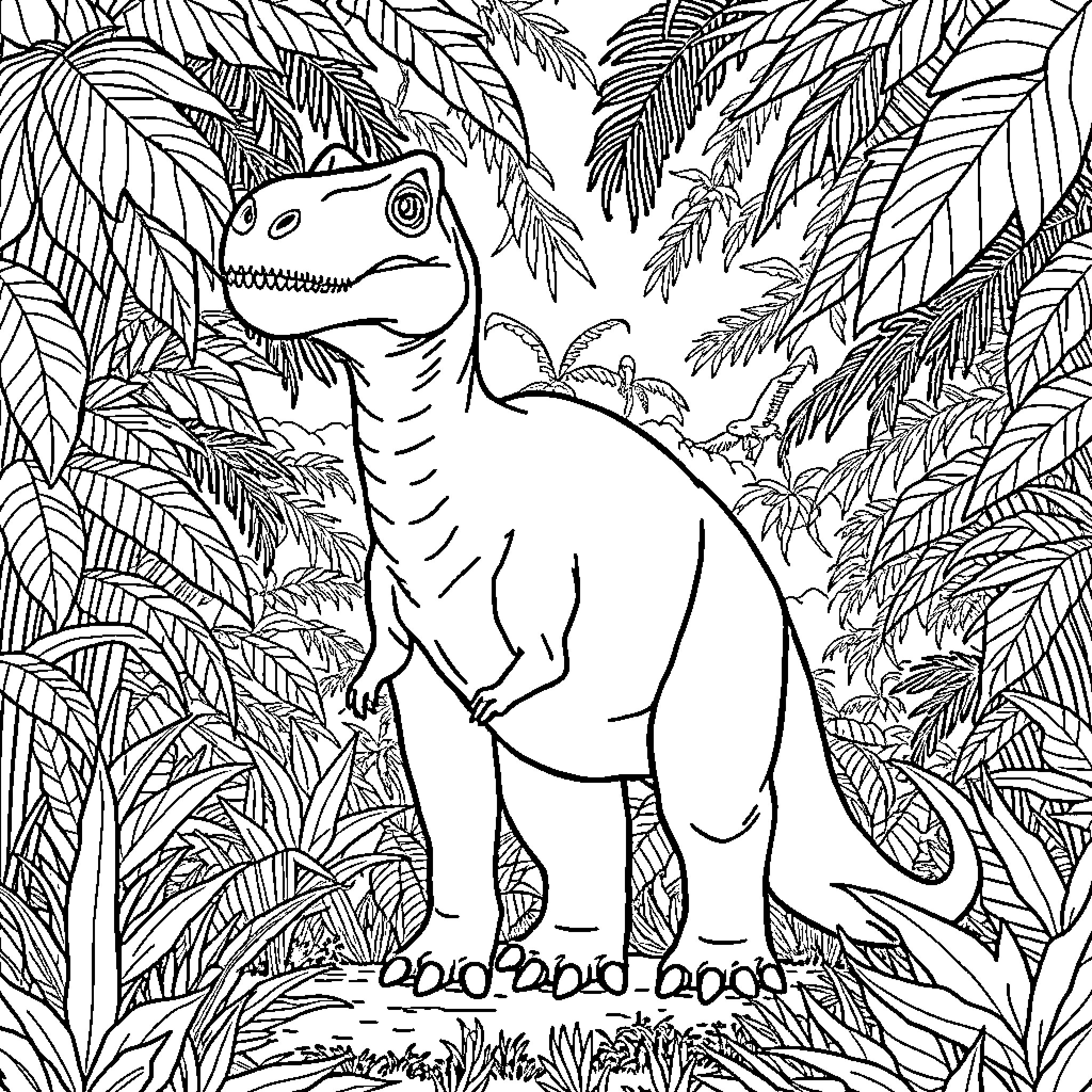 Dinosaur exploring lush jungle Coloring Page (free black-and-white line drawing printable PDF for all, from beginners to advanced learners, including children, teens, adults, and seniors)