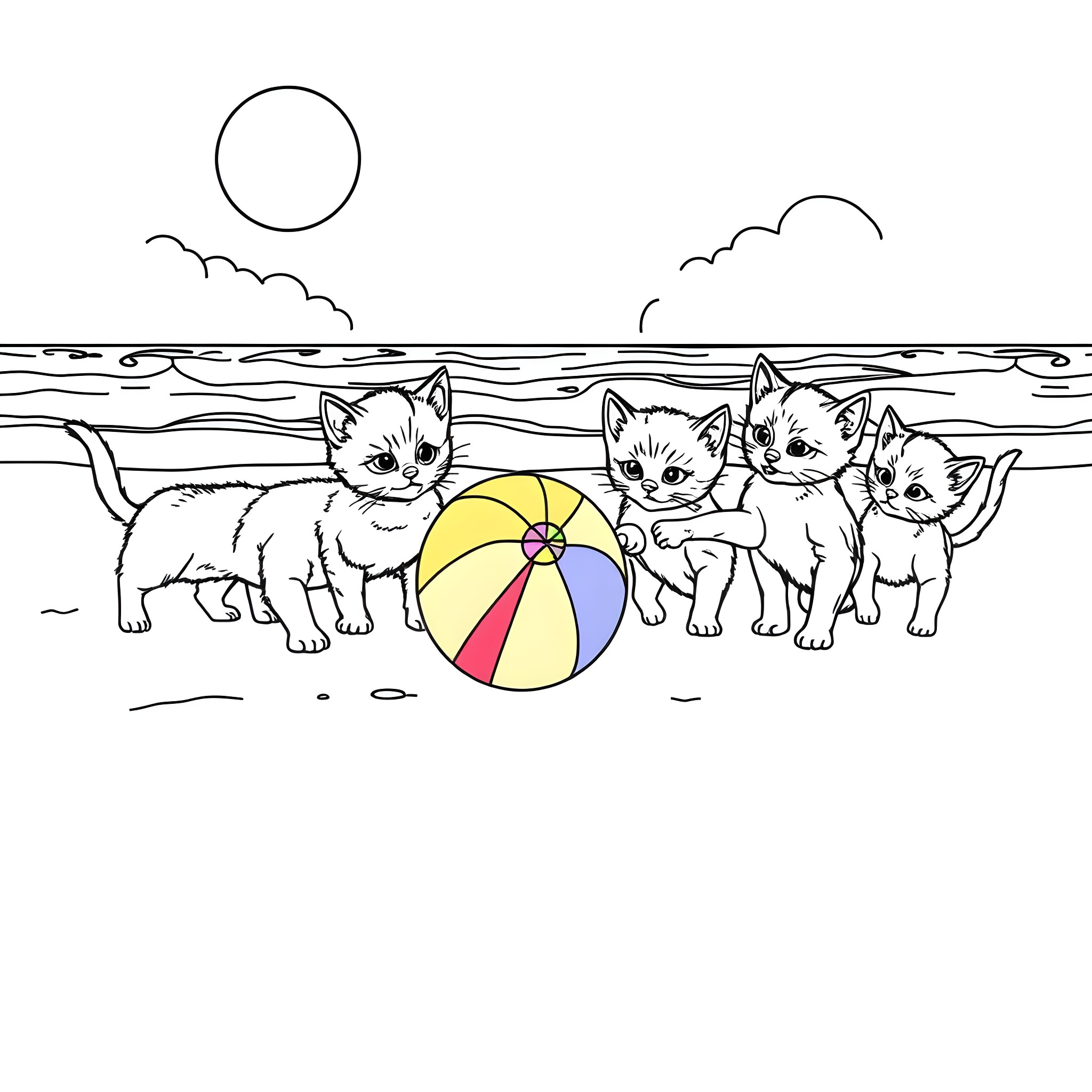 Kittens playing on the beach with a beach ball Coloring Page (free black-and-white line drawing printable PDF for all, from beginners to advanced learners, including children, teens, adults, and seniors)