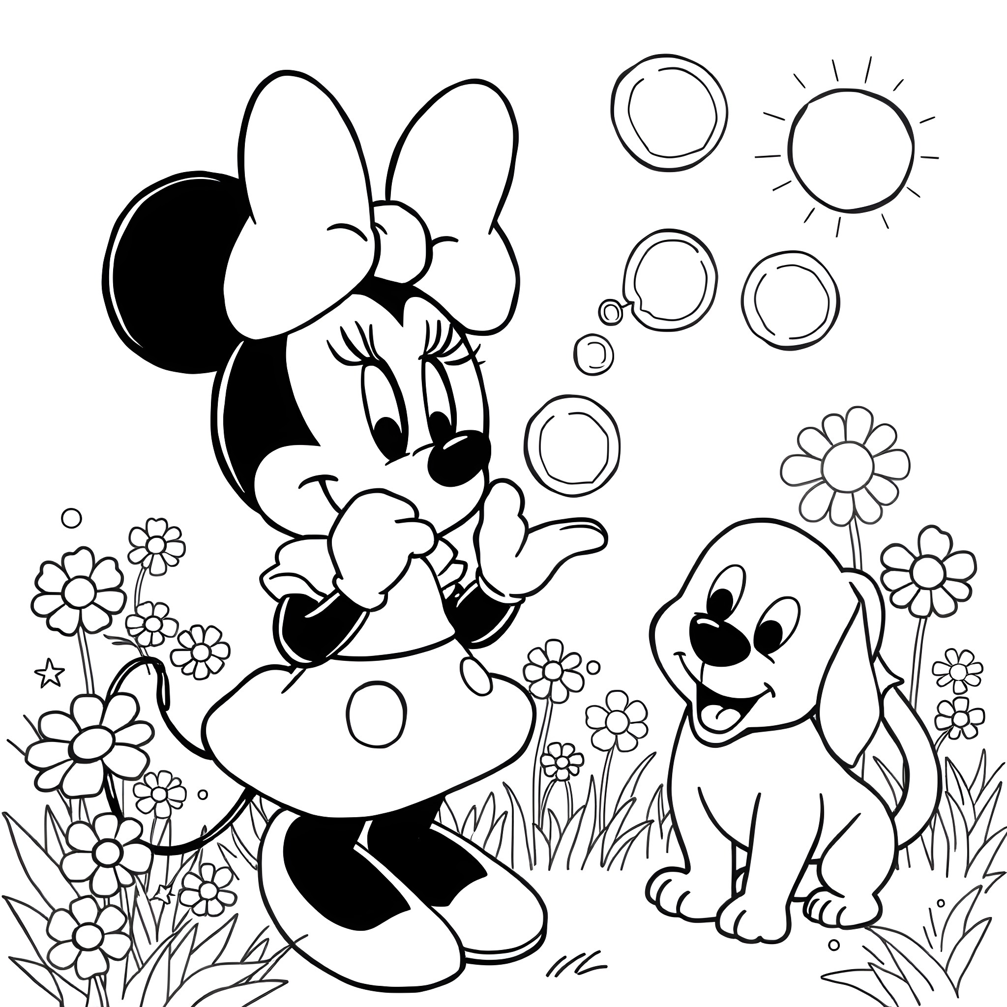 Minnie Mouse and her dog friend in a floral scene Coloring Page (free black-and-white line drawing printable PDF for all, from beginners to advanced learners, including children, teens, adults, and seniors)