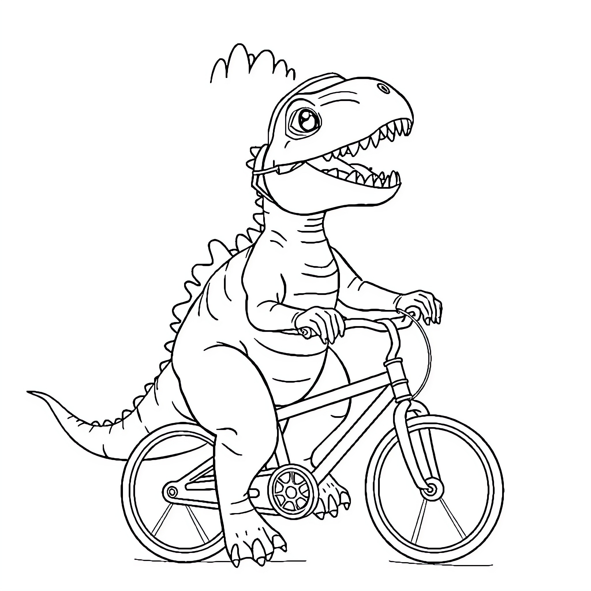 Dino riding a bicycle with enthusiasm Coloring Page (free black-and-white line drawing printable PDF for all, from beginners to advanced learners, including children, teens, adults, and seniors)