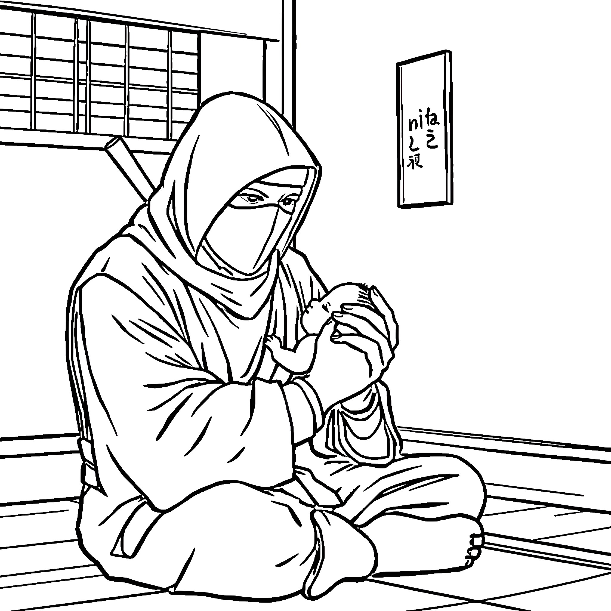 Ninja meditating in a quiet room Coloring Page (free black-and-white line drawing printable PDF for all, from beginners to advanced learners, including children, teens, adults, and seniors)