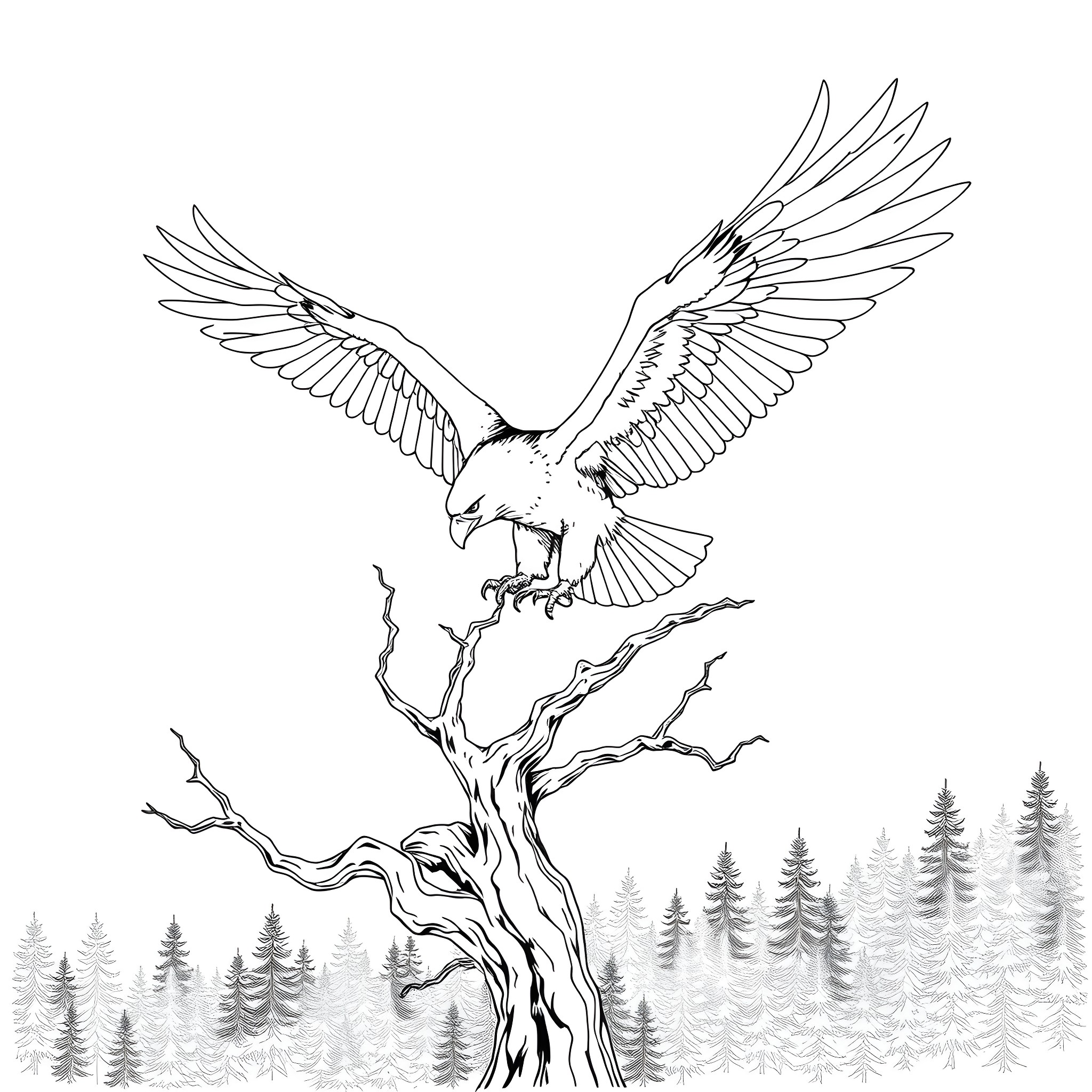 Eagle soaring gracefully over a forest Coloring Page (free black-and-white line drawing printable PDF for all, from beginners to advanced learners, including children, teens, adults, and seniors)