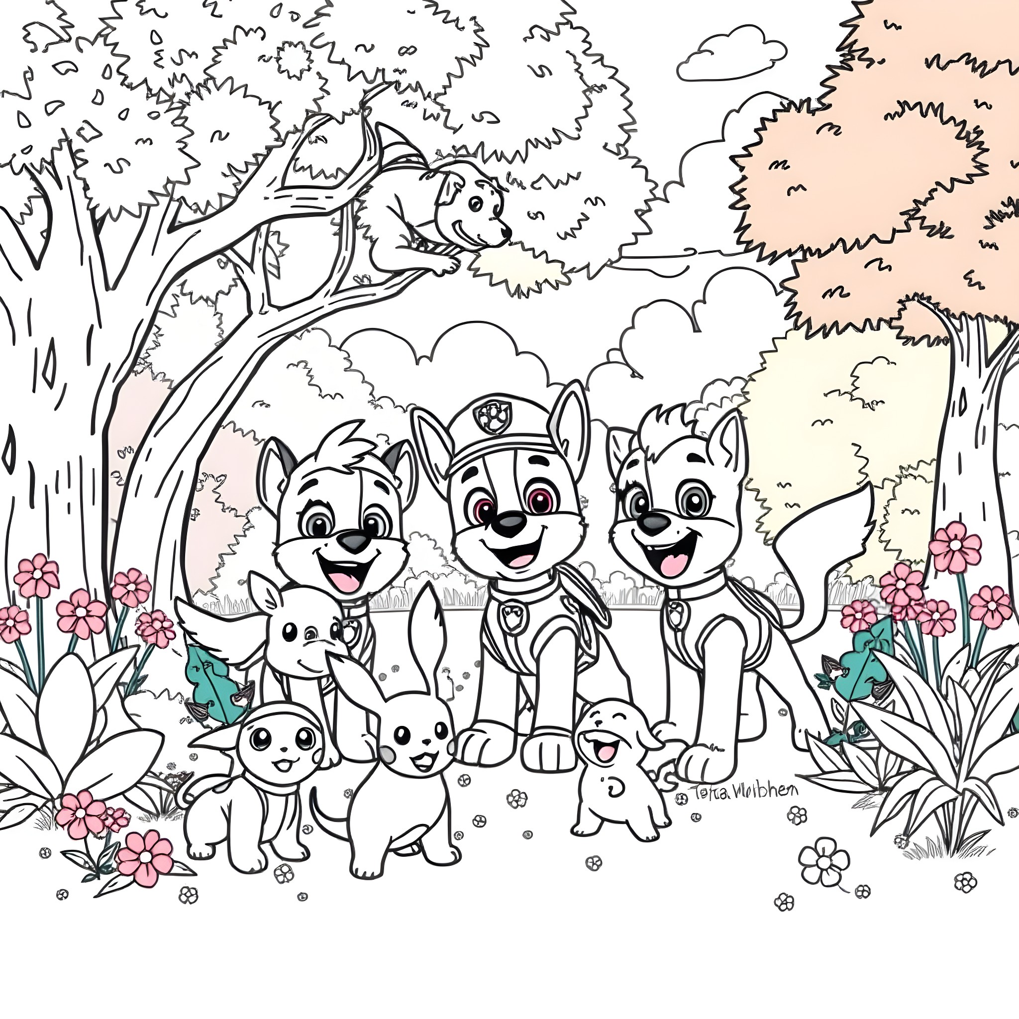 Paw Patrol Characters Exploring Nature Coloring Page (free black-and-white line drawing printable PDF for all, from beginners to advanced learners, including children, teens, adults, and seniors)