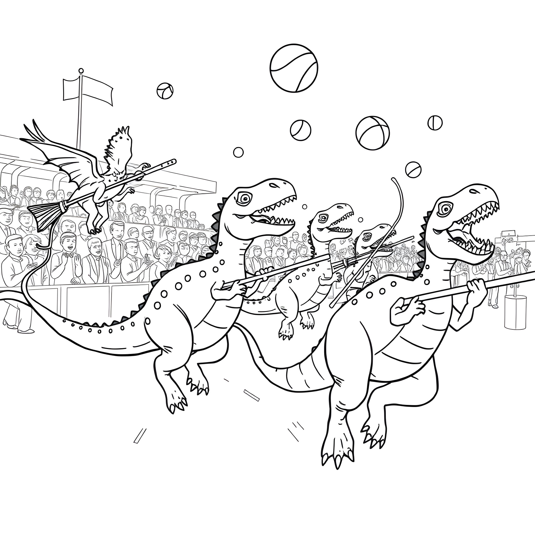 Dinosaurs Playing Sports in a Stadium Coloring Page (free black-and-white line drawing printable PDF for all, from beginners to advanced learners, including children, teens, adults, and seniors)