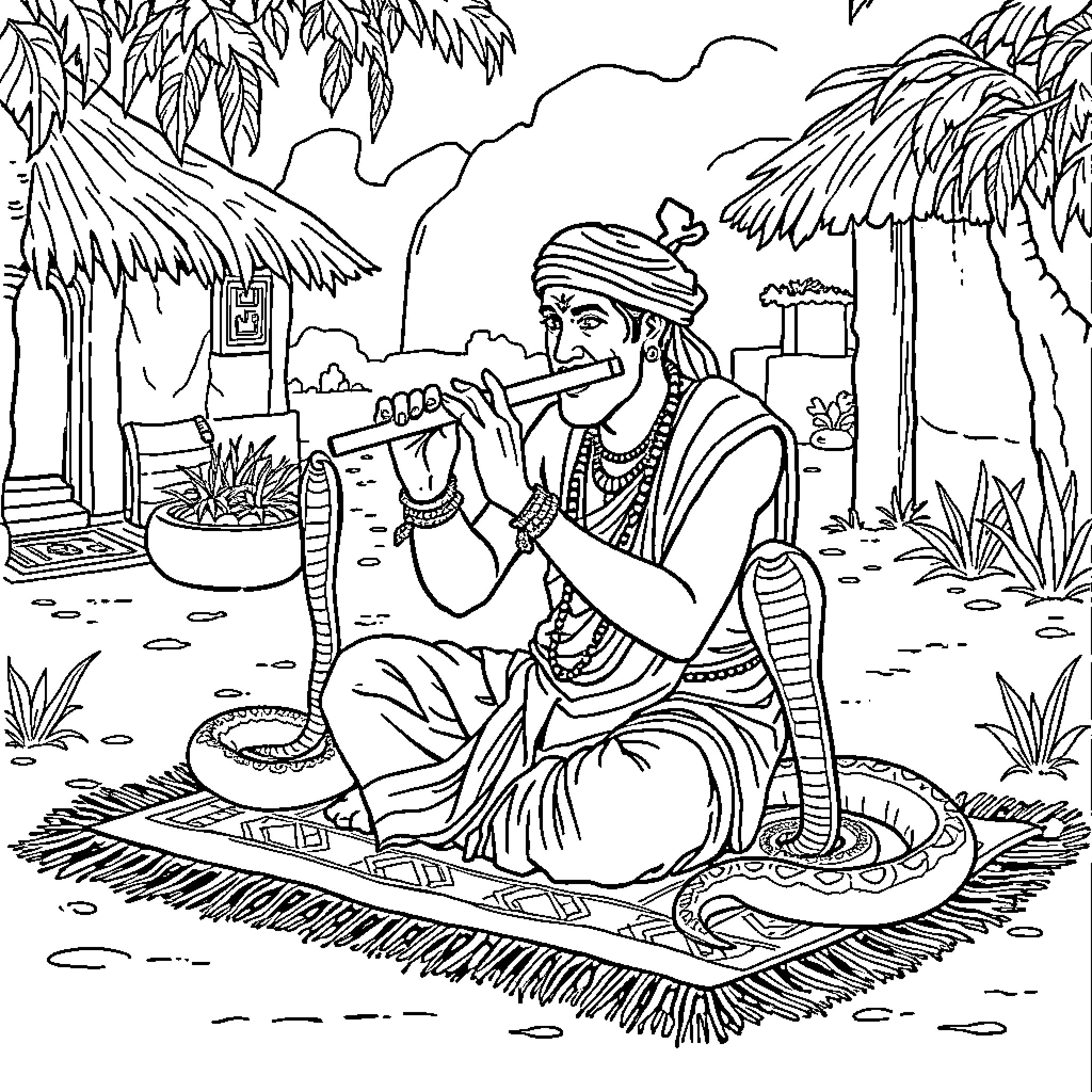 Snake Charmer playing musical instrument in tranquil garden Coloring Page (free black-and-white line drawing printable PDF for all, from beginners to advanced learners, including children, teens, adults, and seniors)